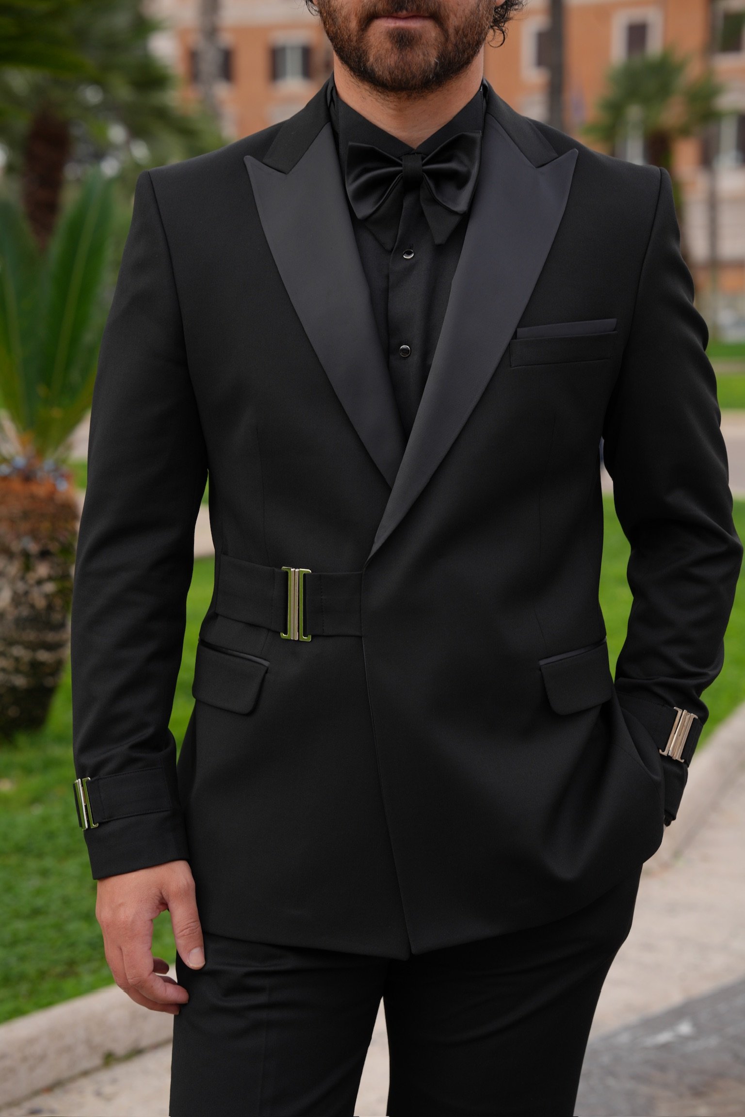 Mens Premium Tuxedo Groom Suit Swallow Collar Silver Buckle Italian Style Slim Fit Jacket Trousers Bow Tie - Black