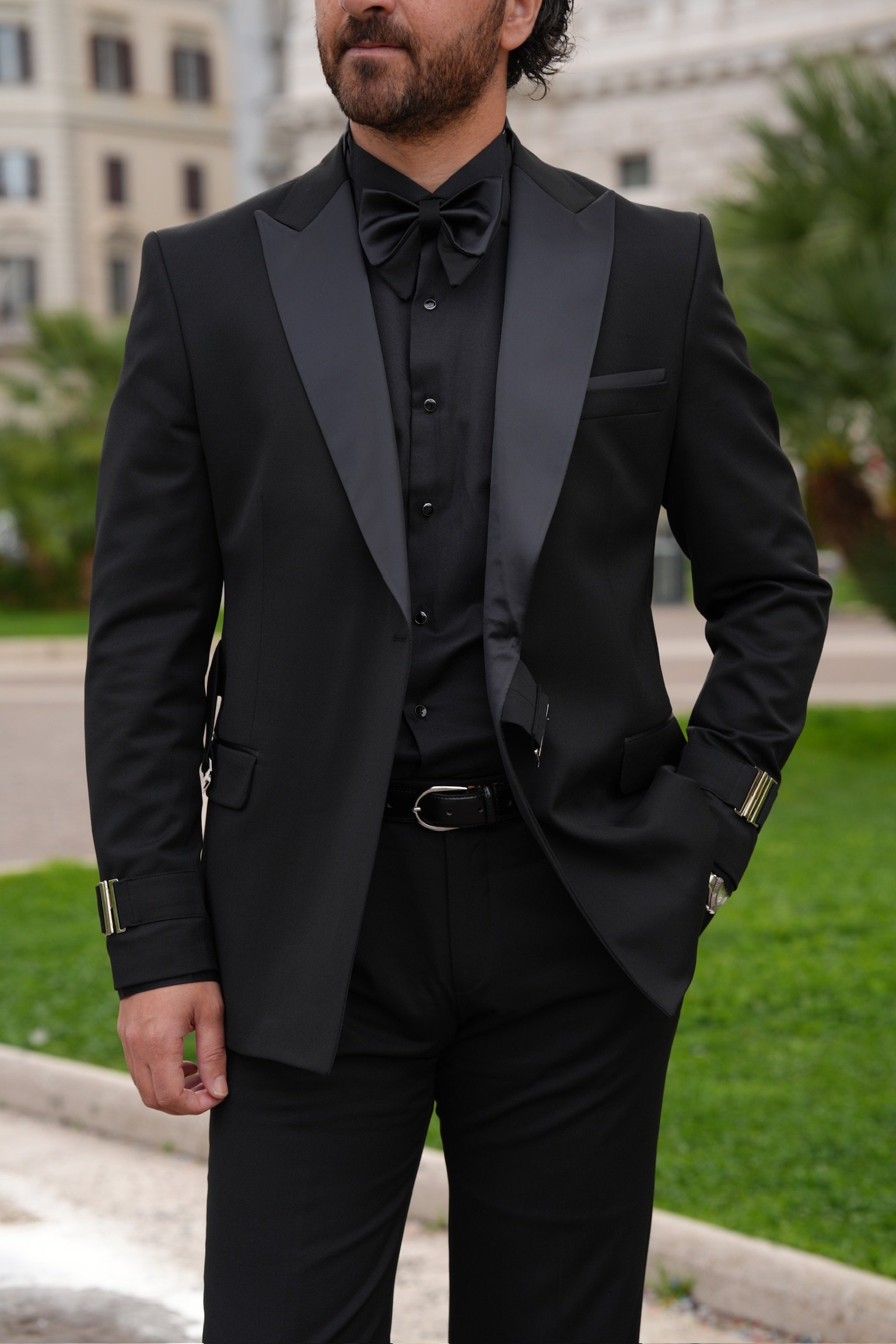 Mens Premium Tuxedo Groom Suit Swallow Collar Silver Buckle Italian Style Slim Fit Jacket Trousers Bow Tie - Black