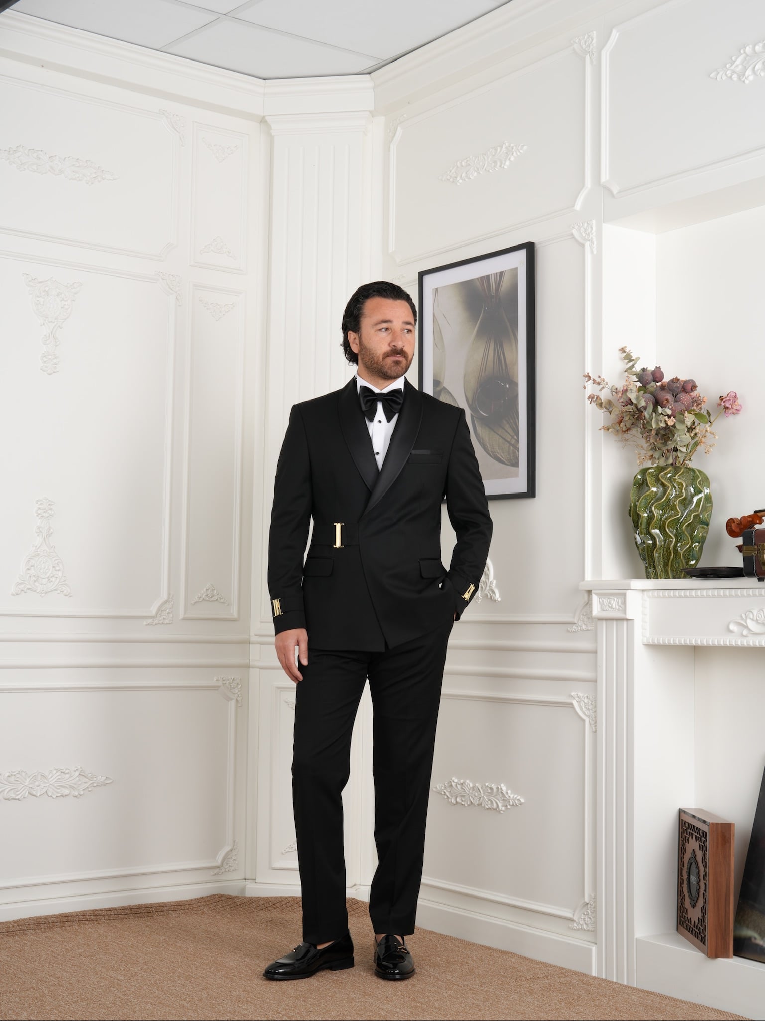 Mens Premium Tuxedo Groom Suit Shawl Lapel Gold Buckle Italian Style Slim Fit Jacket Trousers Bow Tie - Black