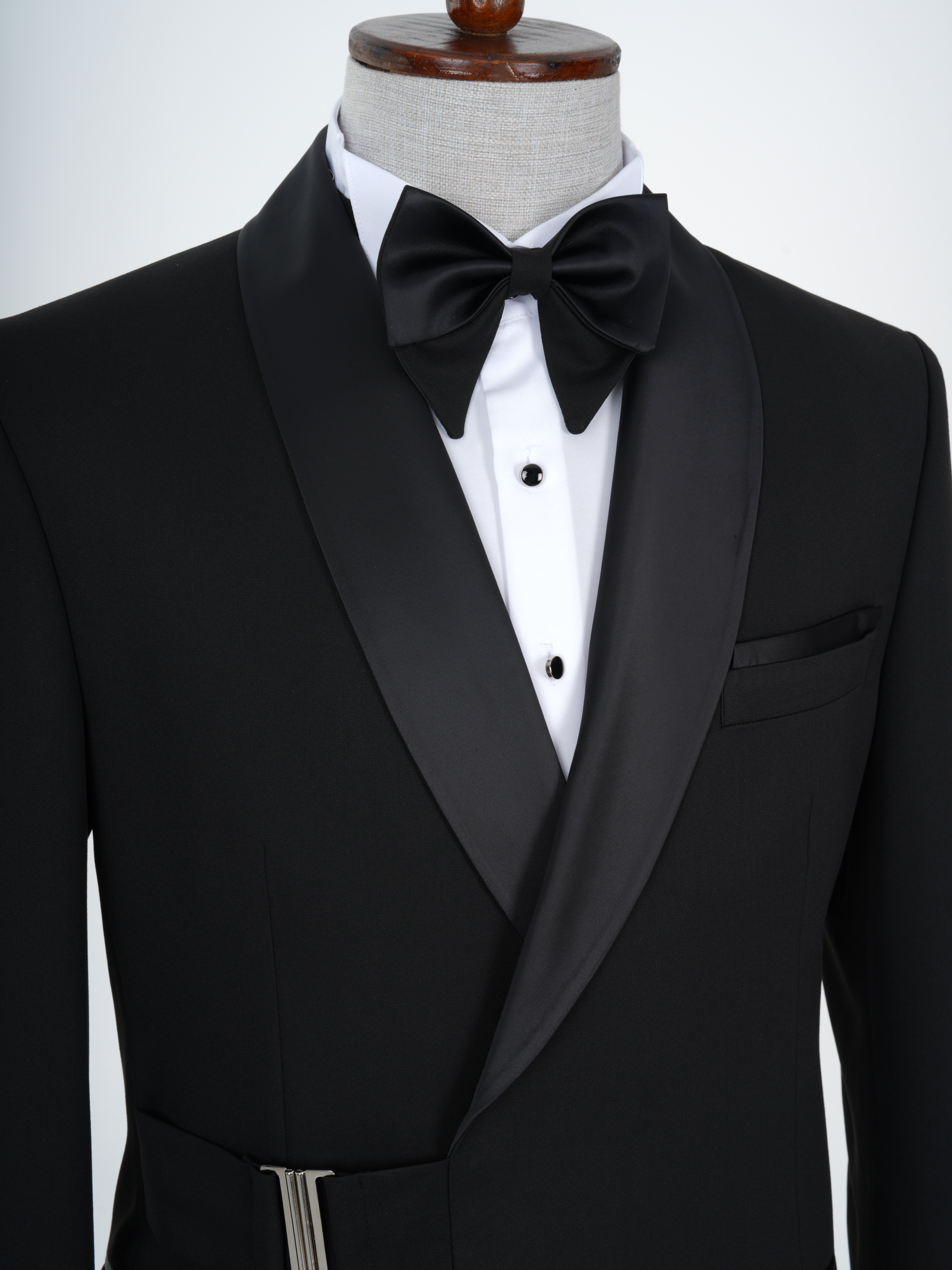 Erkek Premıum Smokin Damatlık Şal Yaka Gümüş Toka İtalyan Stil Slim Fit Ceket Pantolon Papyon - Siyah