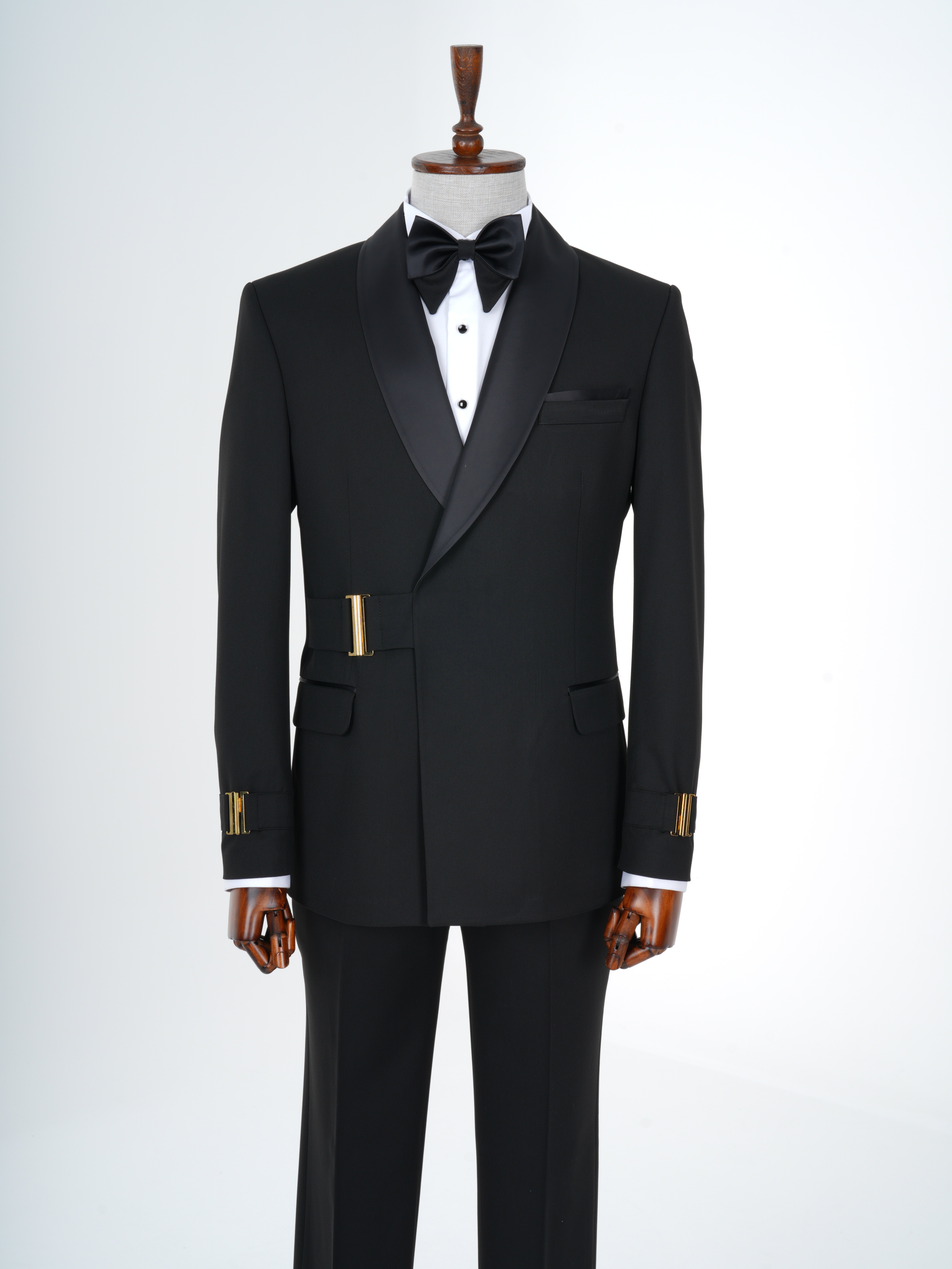 Erkek Premıum Smokin Damatlık Şal Yaka Gold Toka İtalyan Stil Slim Fit Ceket Pantolon Papyon - Siyah
