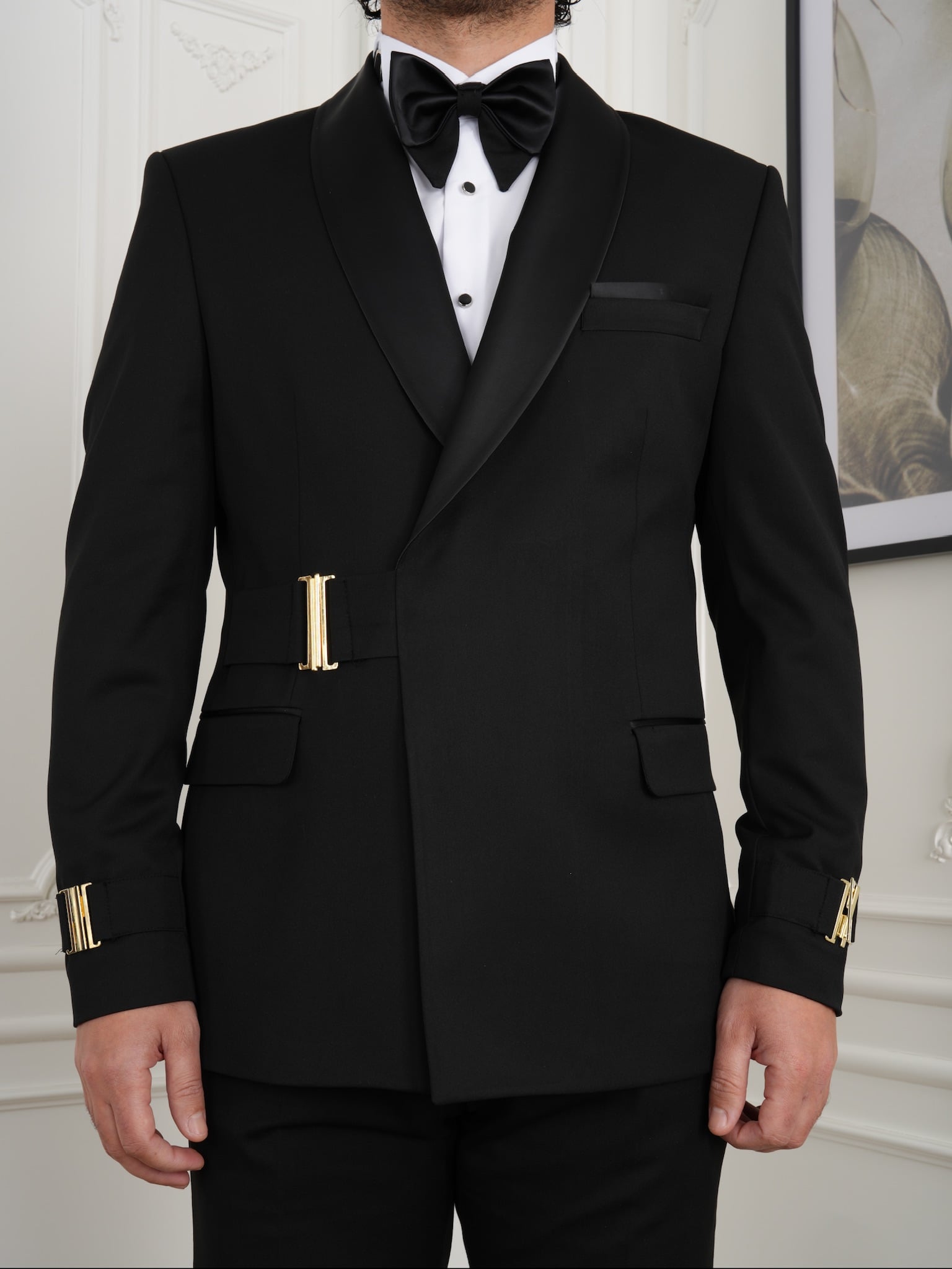 Mens Premium Tuxedo Groom Suit Shawl Lapel Gold Buckle Italian Style Slim Fit Jacket Trousers Bow Tie - Black