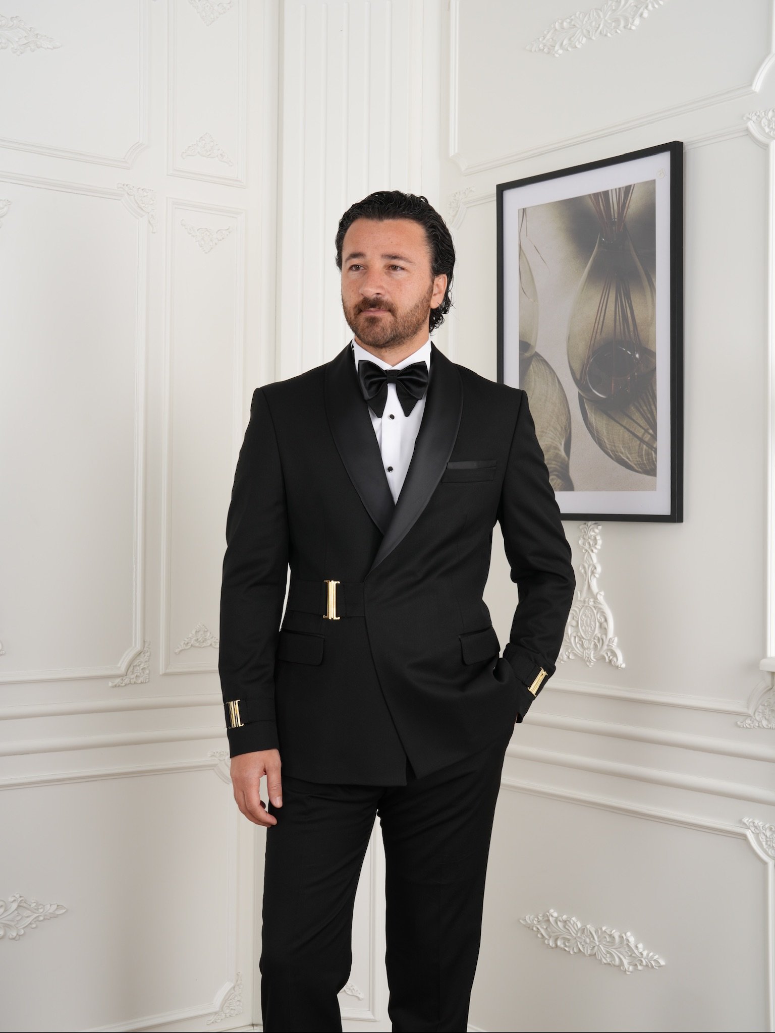 Mens Premium Tuxedo Groom Suit Shawl Lapel Gold Buckle Italian Style Slim Fit Jacket Trousers Bow Tie - Black