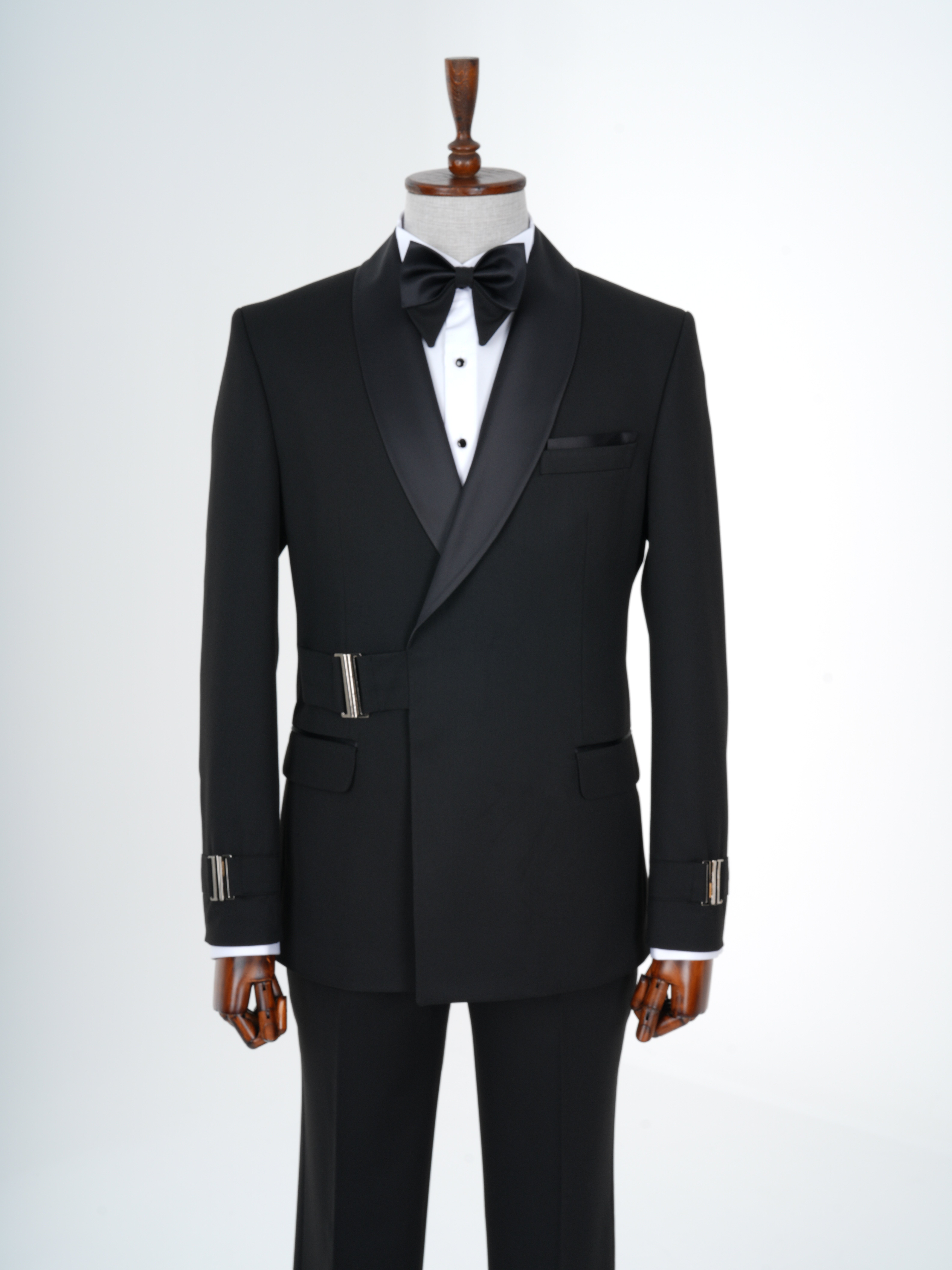 Erkek Premıum Smokin Damatlık Şal Yaka Gümüş Toka İtalyan Stil Slim Fit Ceket Pantolon Papyon - Siyah