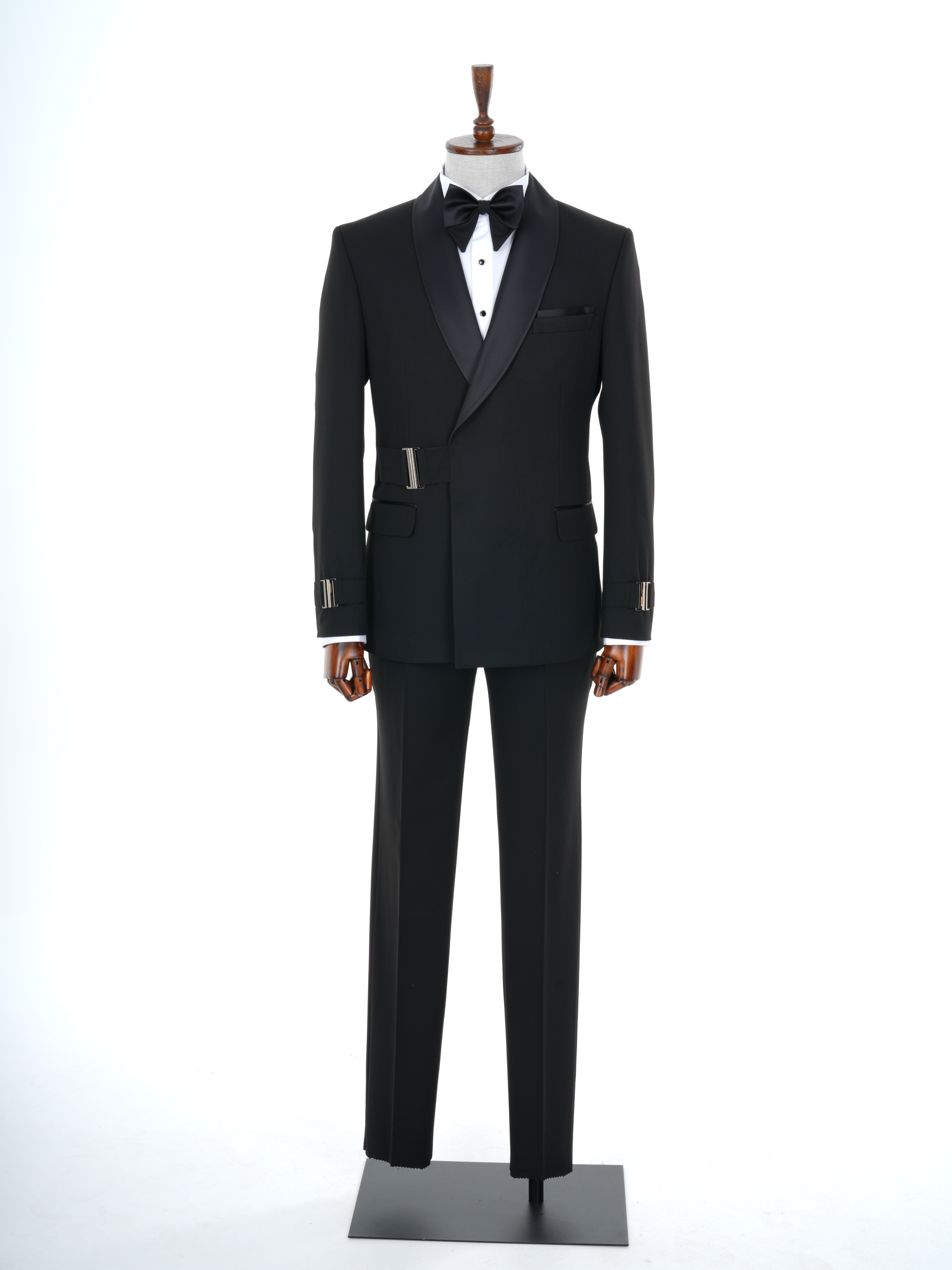 Erkek Premıum Smokin Damatlık Şal Yaka Gümüş Toka İtalyan Stil Slim Fit Ceket Pantolon Papyon - Siyah