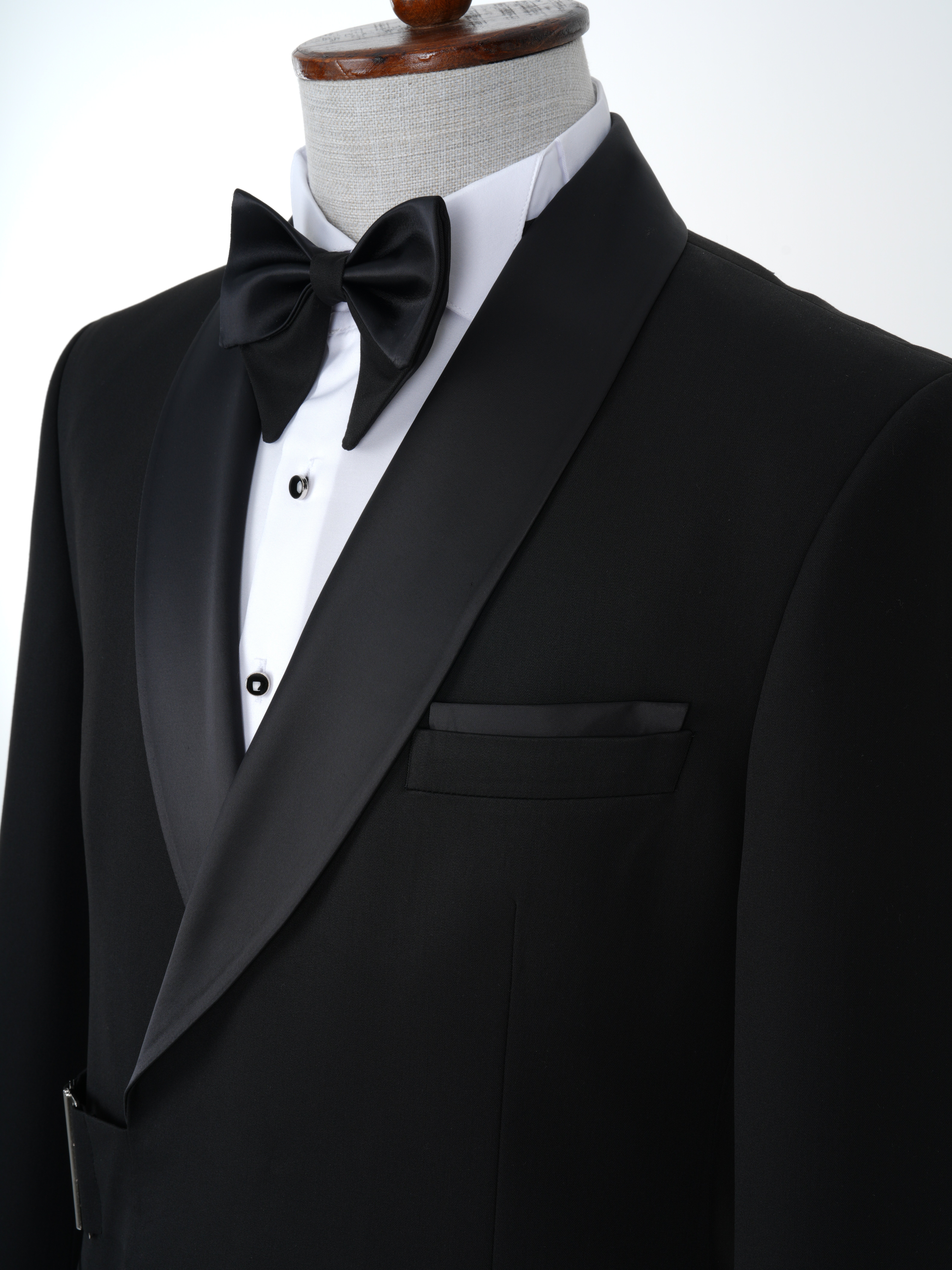Erkek Premıum Smokin Damatlık Şal Yaka Gümüş Toka İtalyan Stil Slim Fit Ceket Pantolon Papyon - Siyah