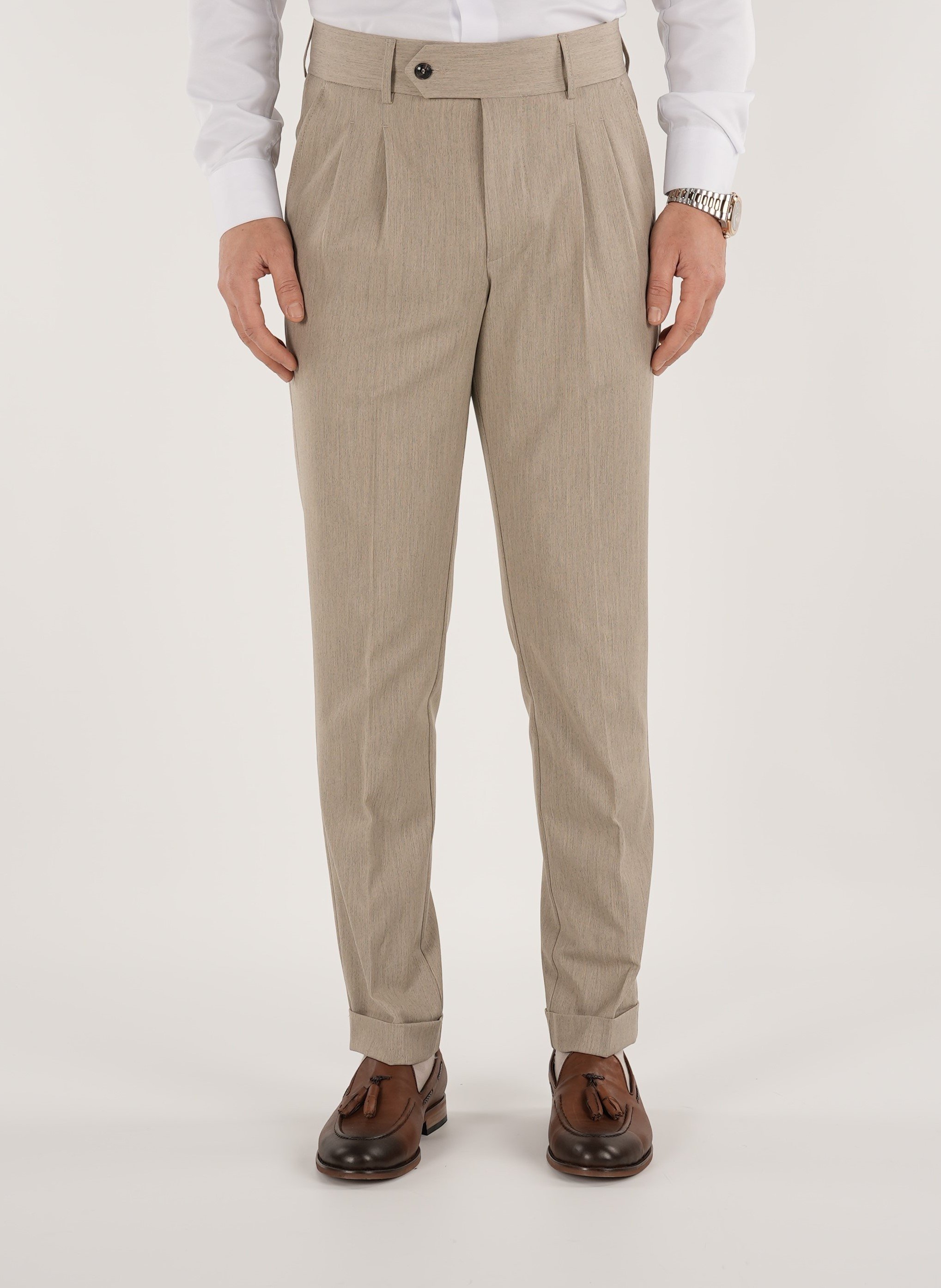 Erkek Regular Fit Yüksek Bel Piliseli Kumaş Pantolon-Krem