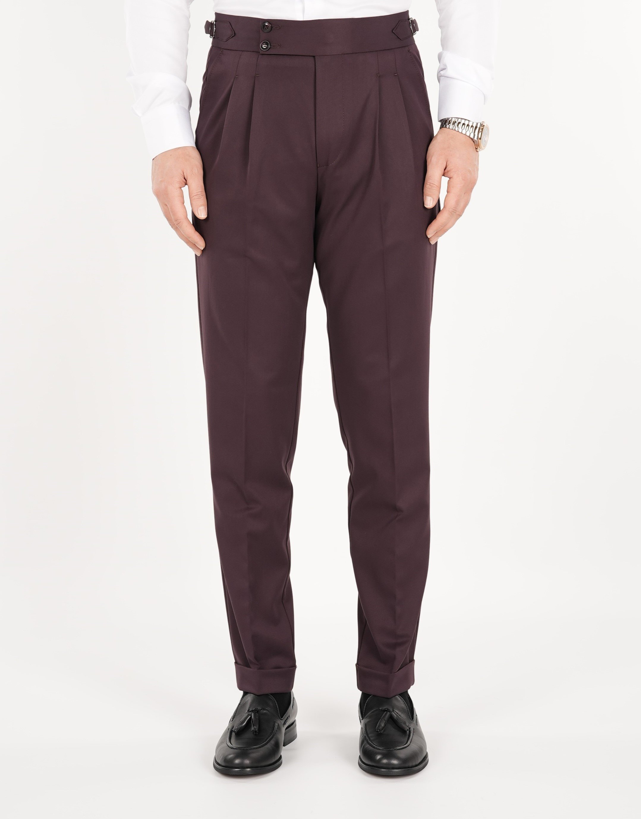 Erkek Regular Fit Yüksek Bel Piliseli-Tokalı Kumaş Pantolon-Bordo