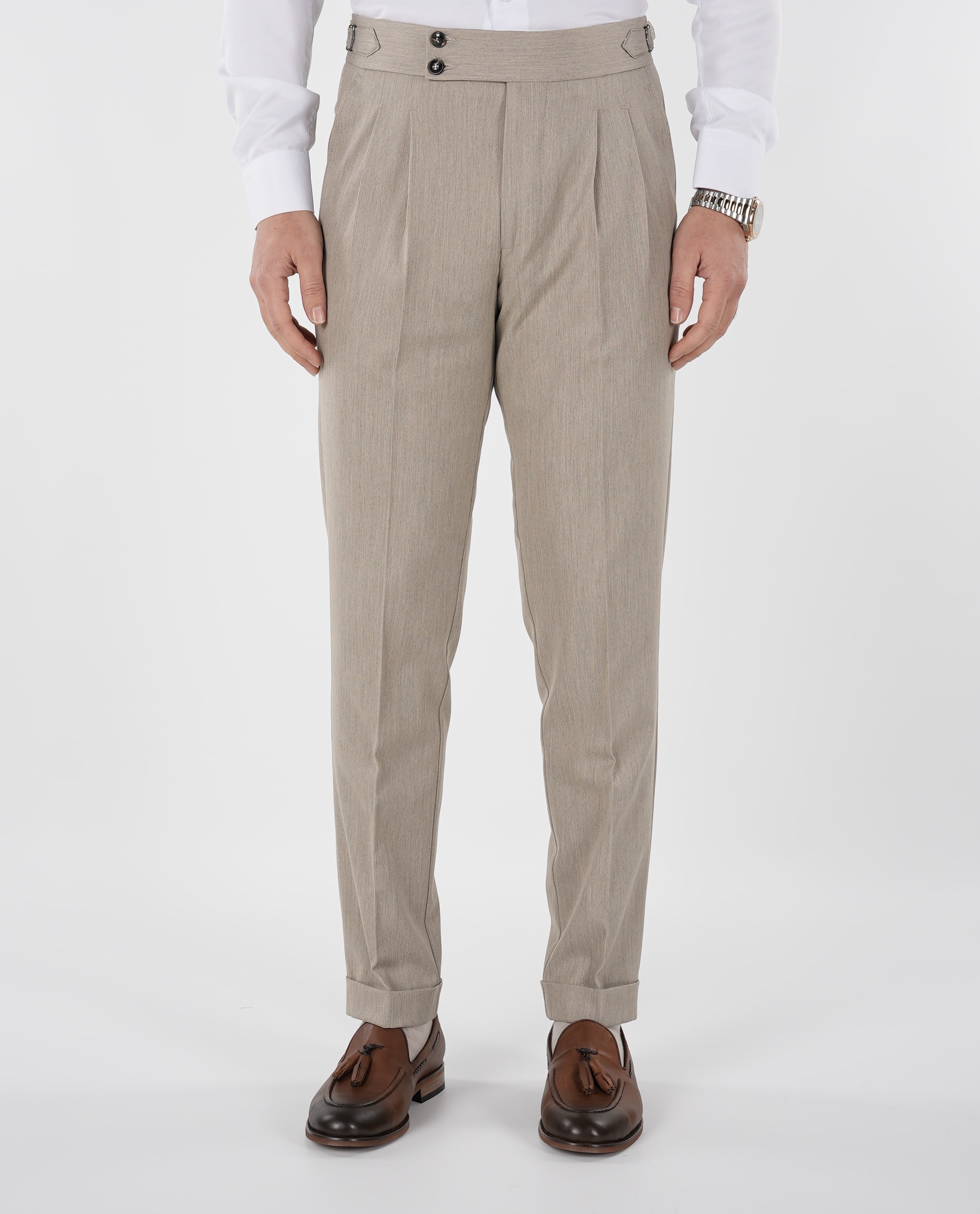 Erkek Regular Fit Yüksek Bel Piliseli-Tokalı Kumaş Pantolon-Krem