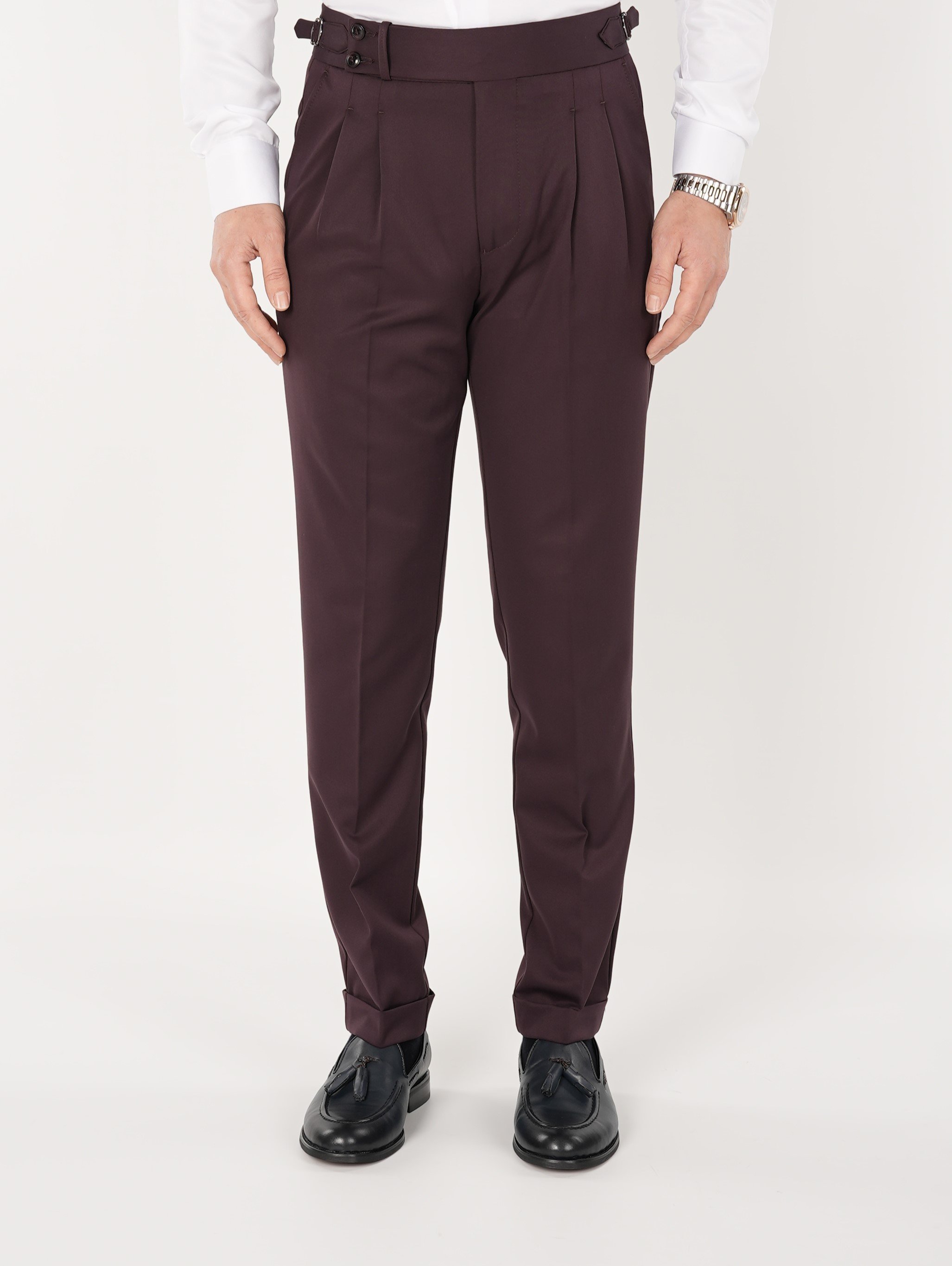 Erkek Regular Fit Yüksek Bel Piliseli-Tokalı Kumaş Pantolon-Bordo