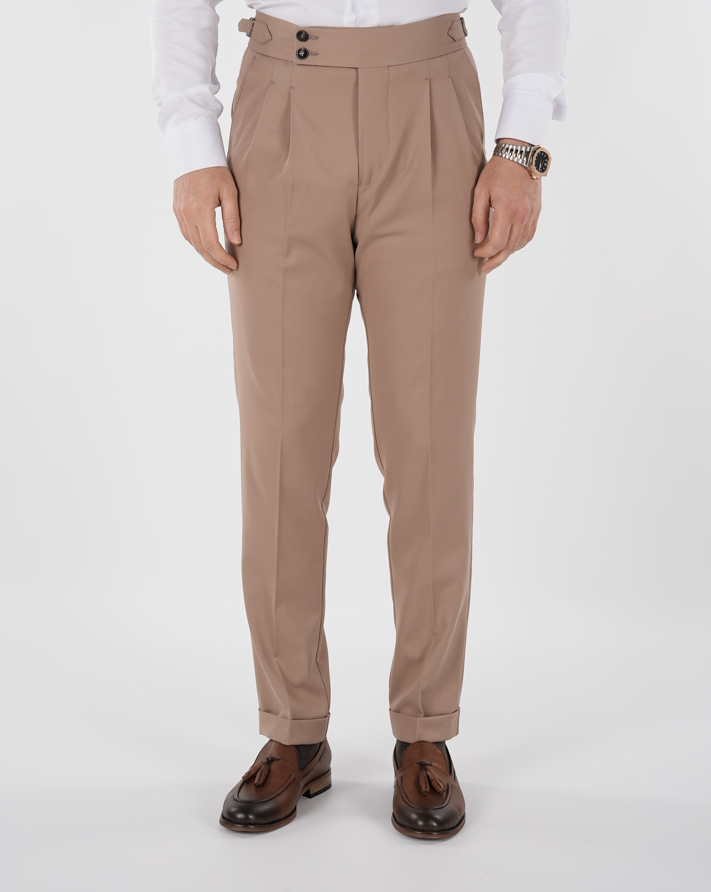 Erkek Regular Fit Yüksek Bel Piliseli-Tokalı Kumaş Pantolon-Taba