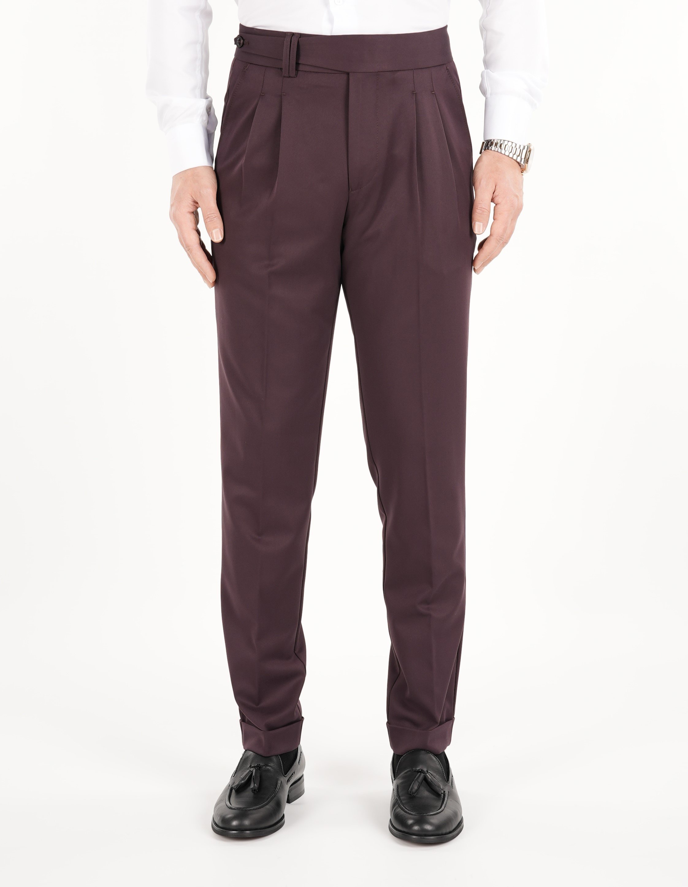 Erkek Regular Fit Yüksek Bel Piliseli Kumaş Pantolon-Bordo