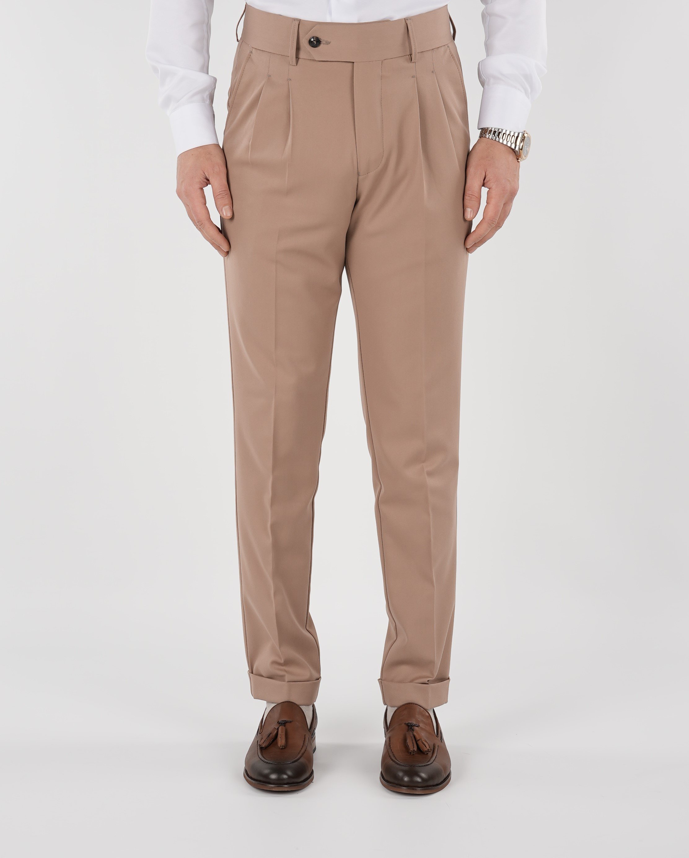 Erkek Regular Fit Yüksek Bel Piliseli Kumaş Pantolon-Taba