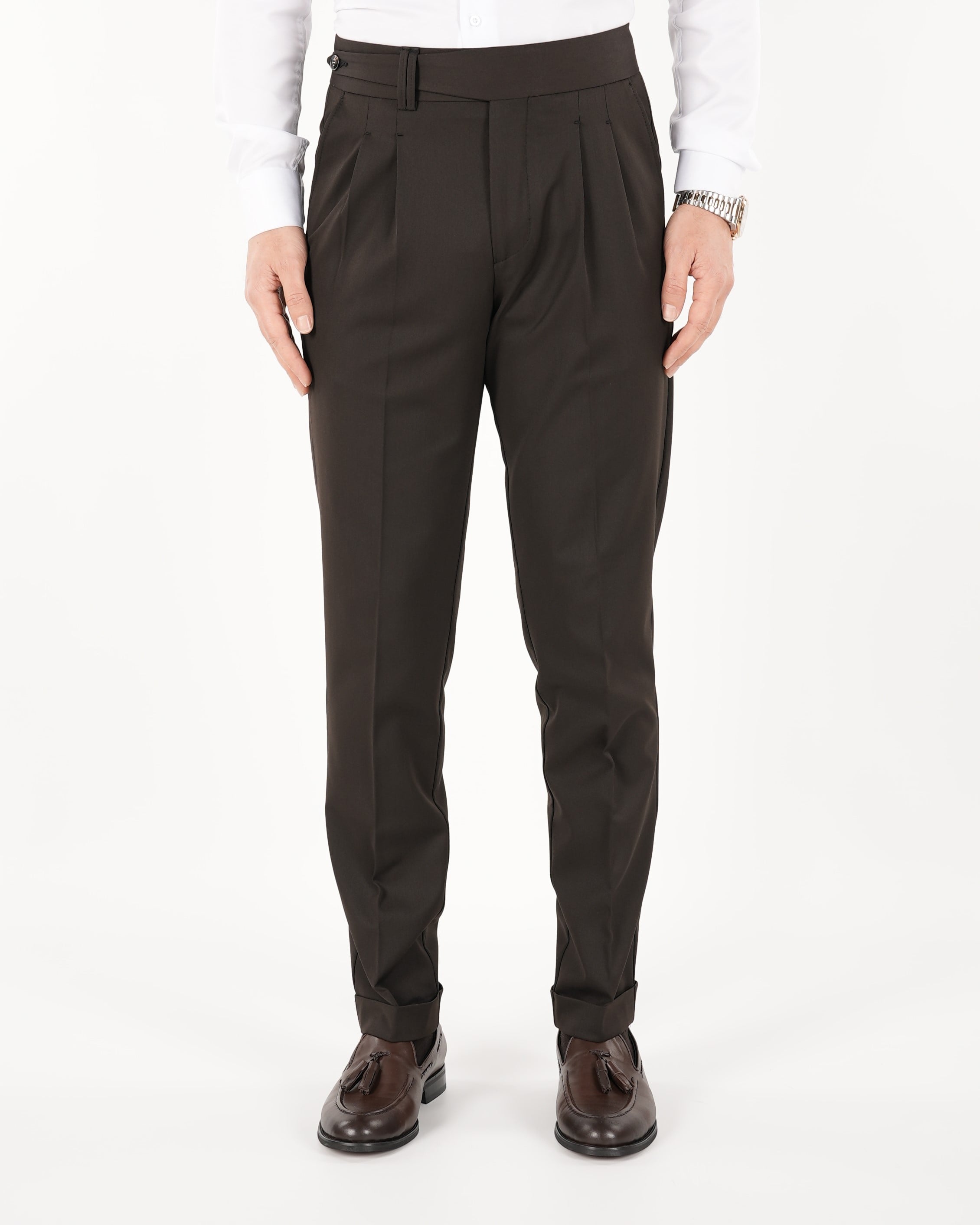 Erkek Regular Fit Yüksek Bel Piliseli Kumaş Pantolon-Acı Kahve