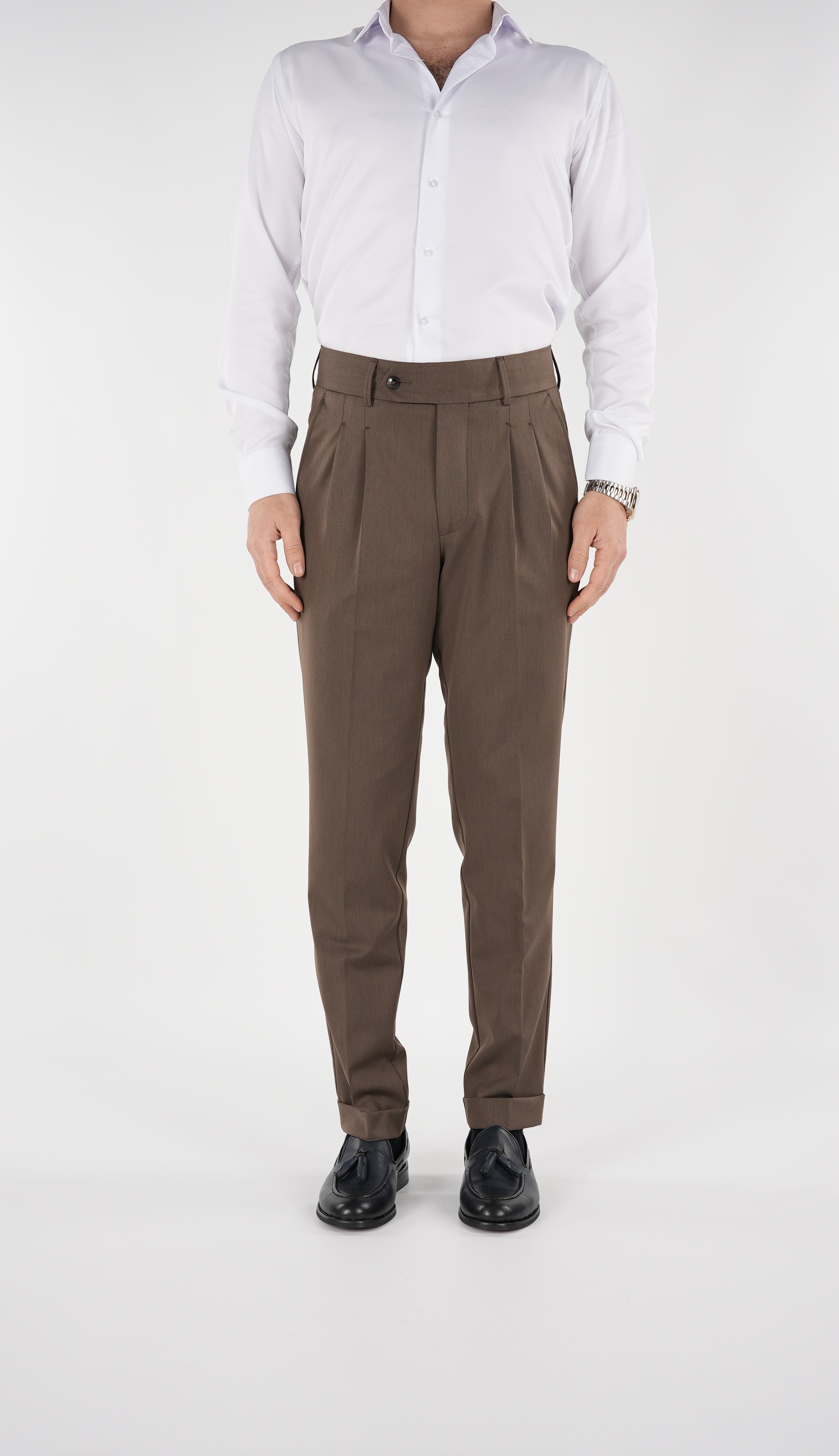 Erkek Slim Fit İtalyan Stil Piliseli Likralı Kanvas Pantolon-Sütlü Kahve