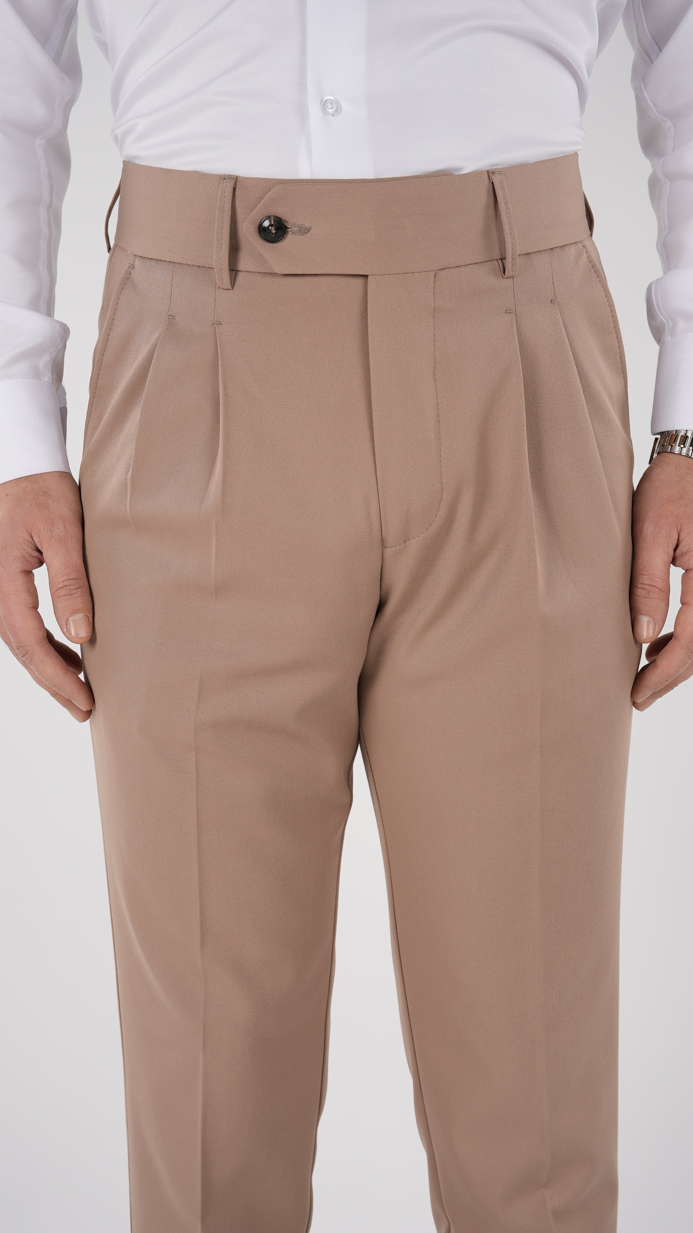 Erkek Slim Fit İtalyan Stil Piliseli Likralı Kanvas Pantolon-Taba