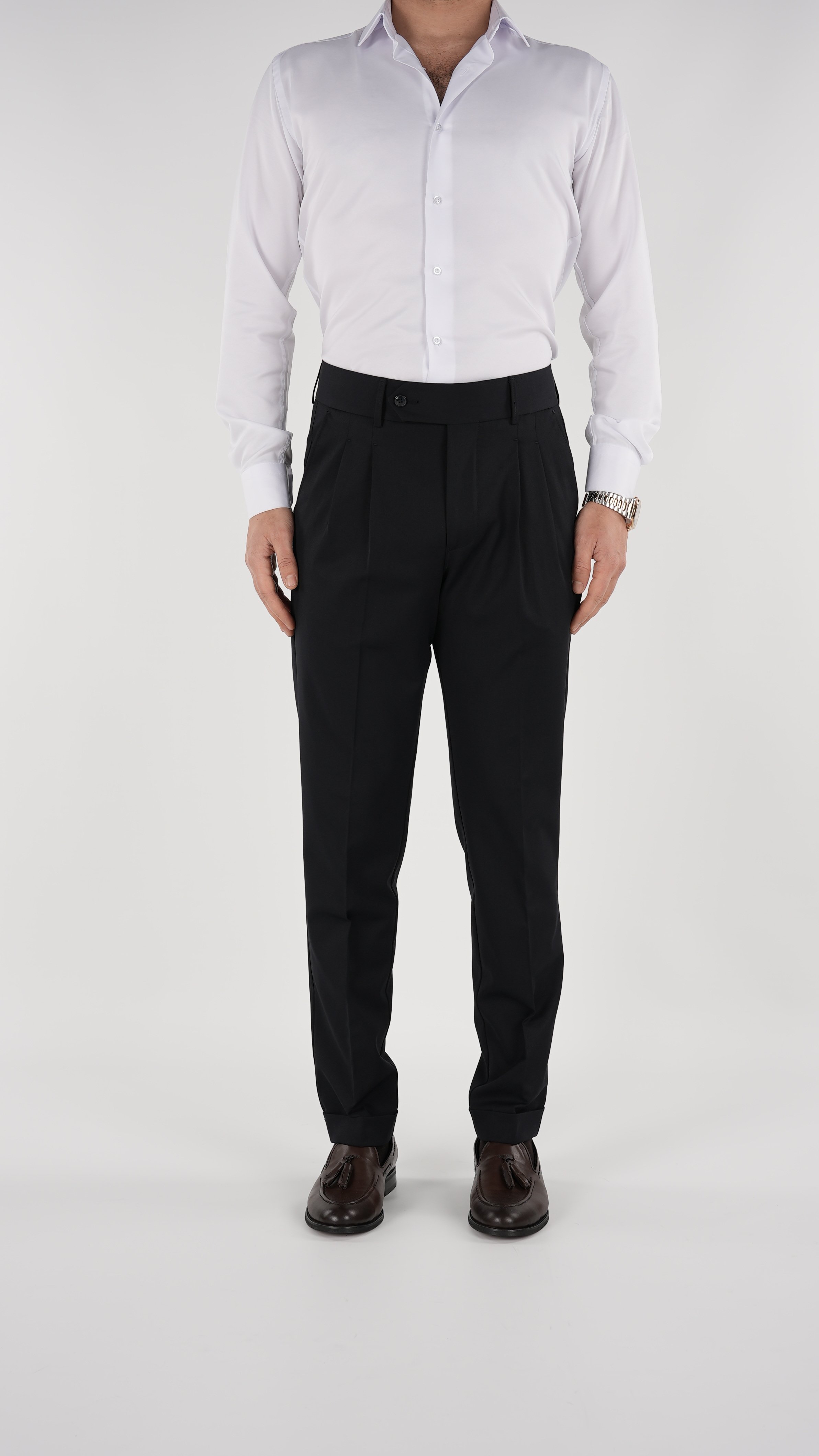 Erkek Slim Fit İtalyan Stil Piliseli Likralı Kanvas Pantolon-Koyu Lacivert