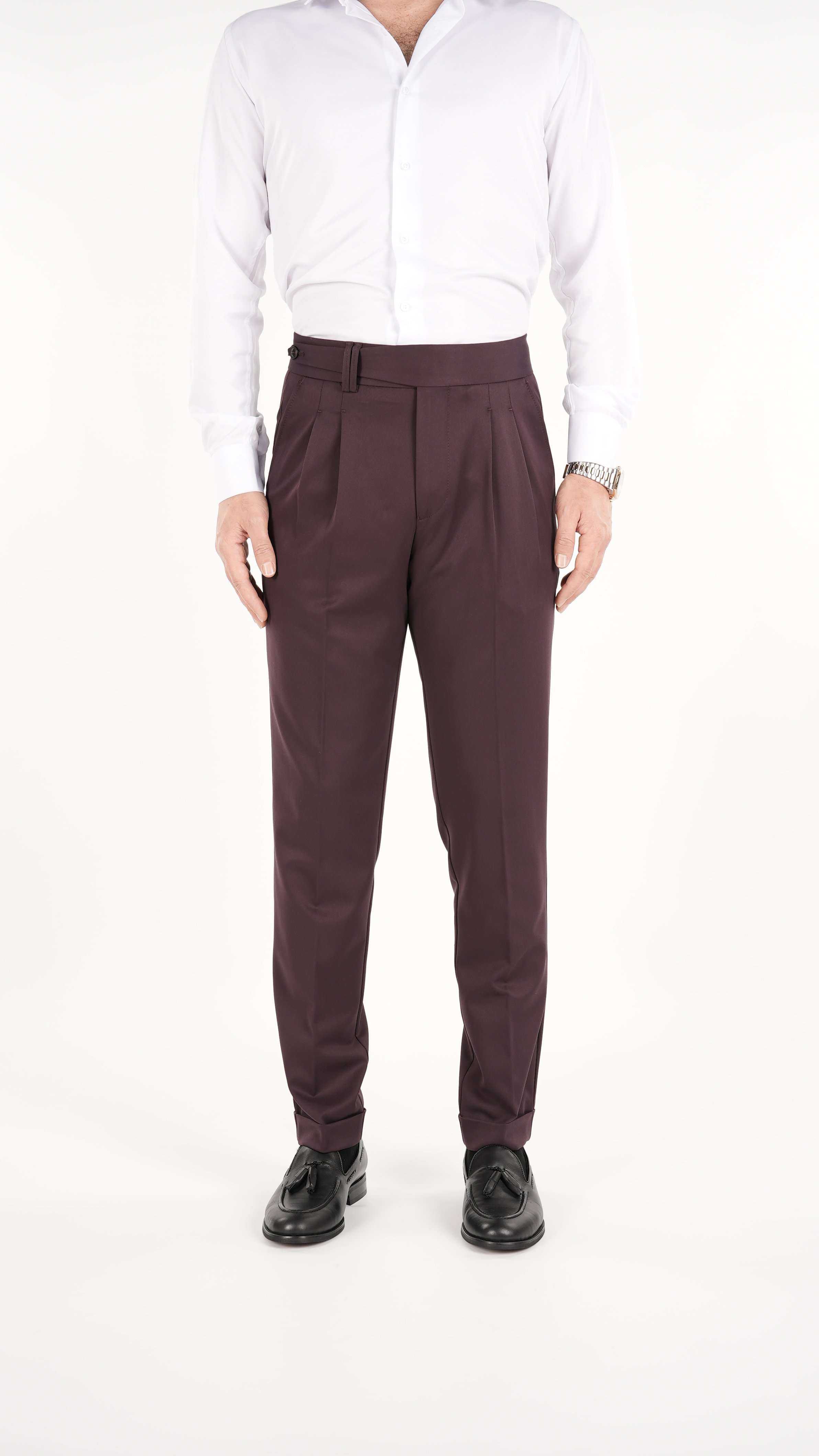 Erkek Slim Fit İtalyan Stil Piliseli Likralı Kanvas Pantolon-Bordo