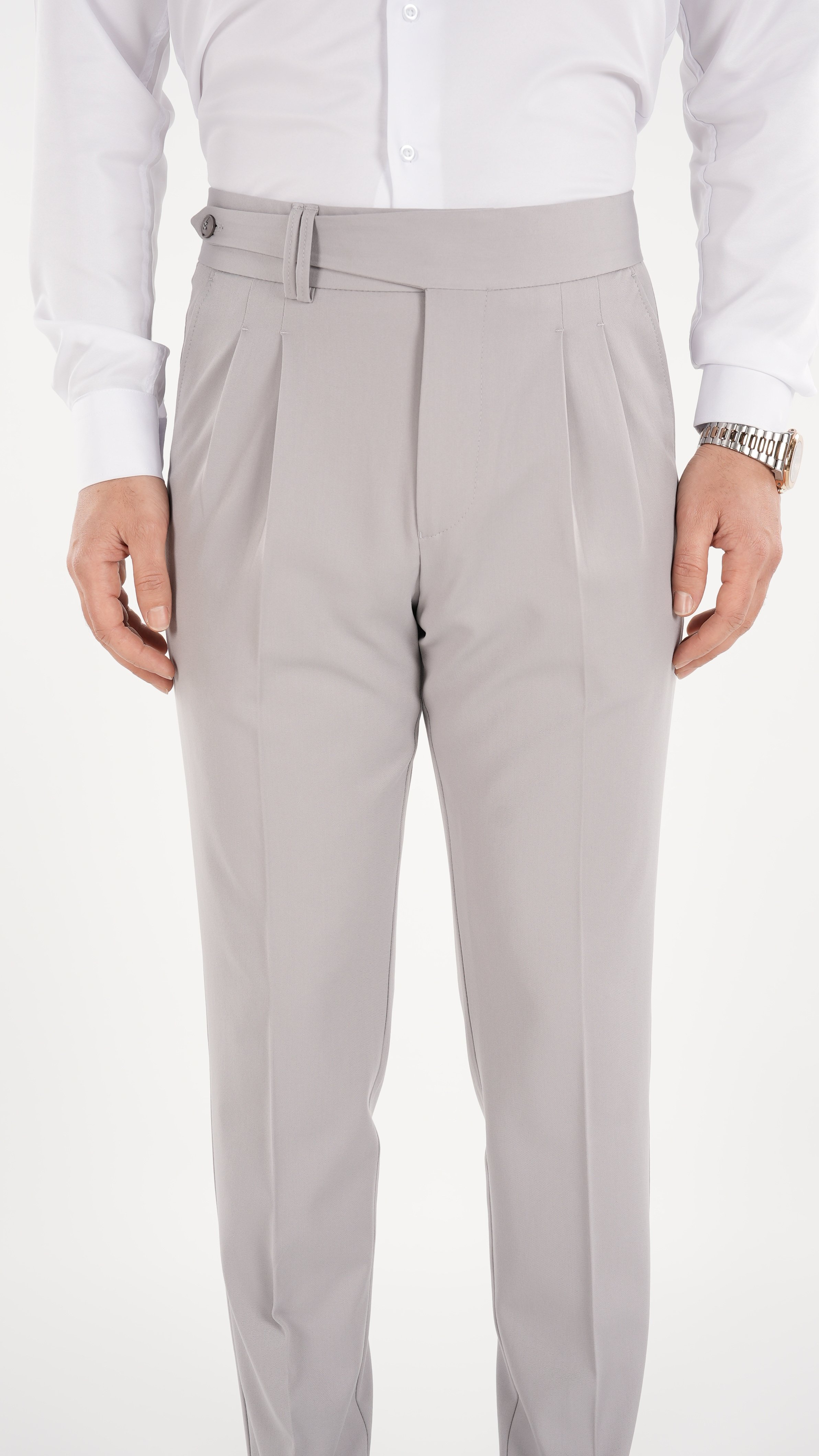 Erkek Slim Fit İtalyan Stil Piliseli Likralı Kanvas Pantolon-Acık Gri