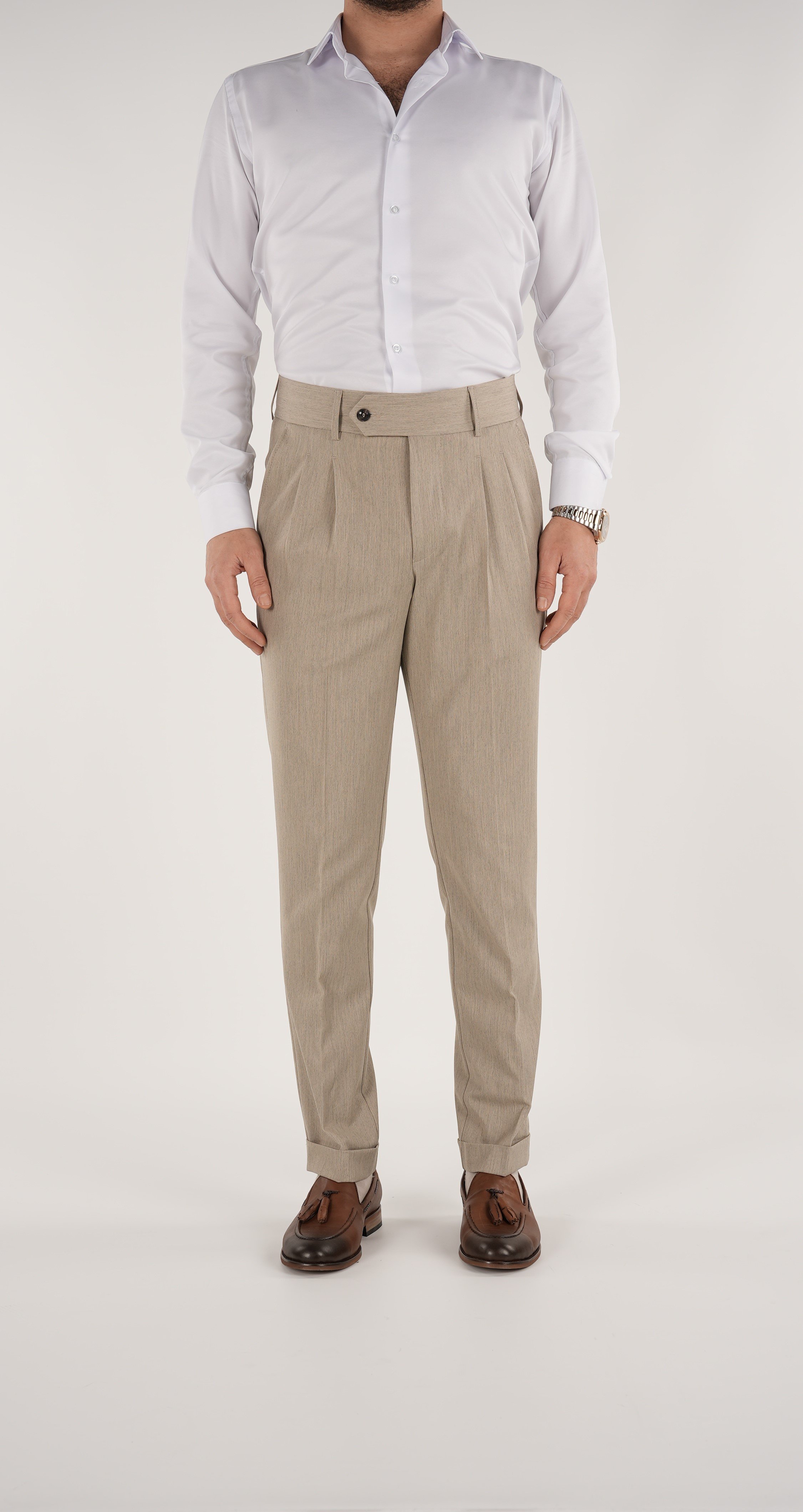 Erkek Slim Fit İtalyan Stil Piliseli Likralı Kanvas Pantolon-Krem