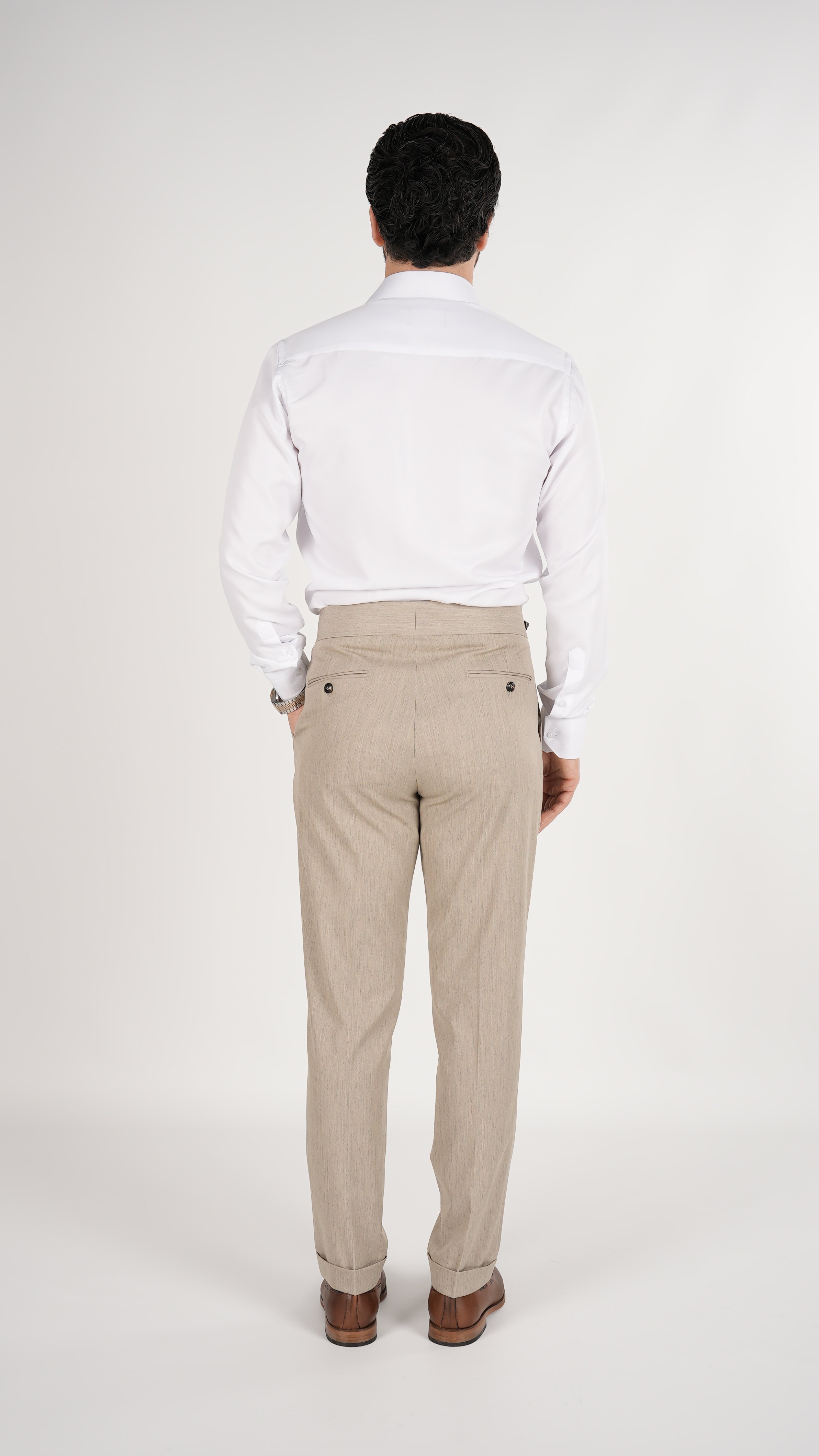 Erkek Slim Fit İtalyan Stil Piliseli Likralı Kanvas Pantolon-Krem
