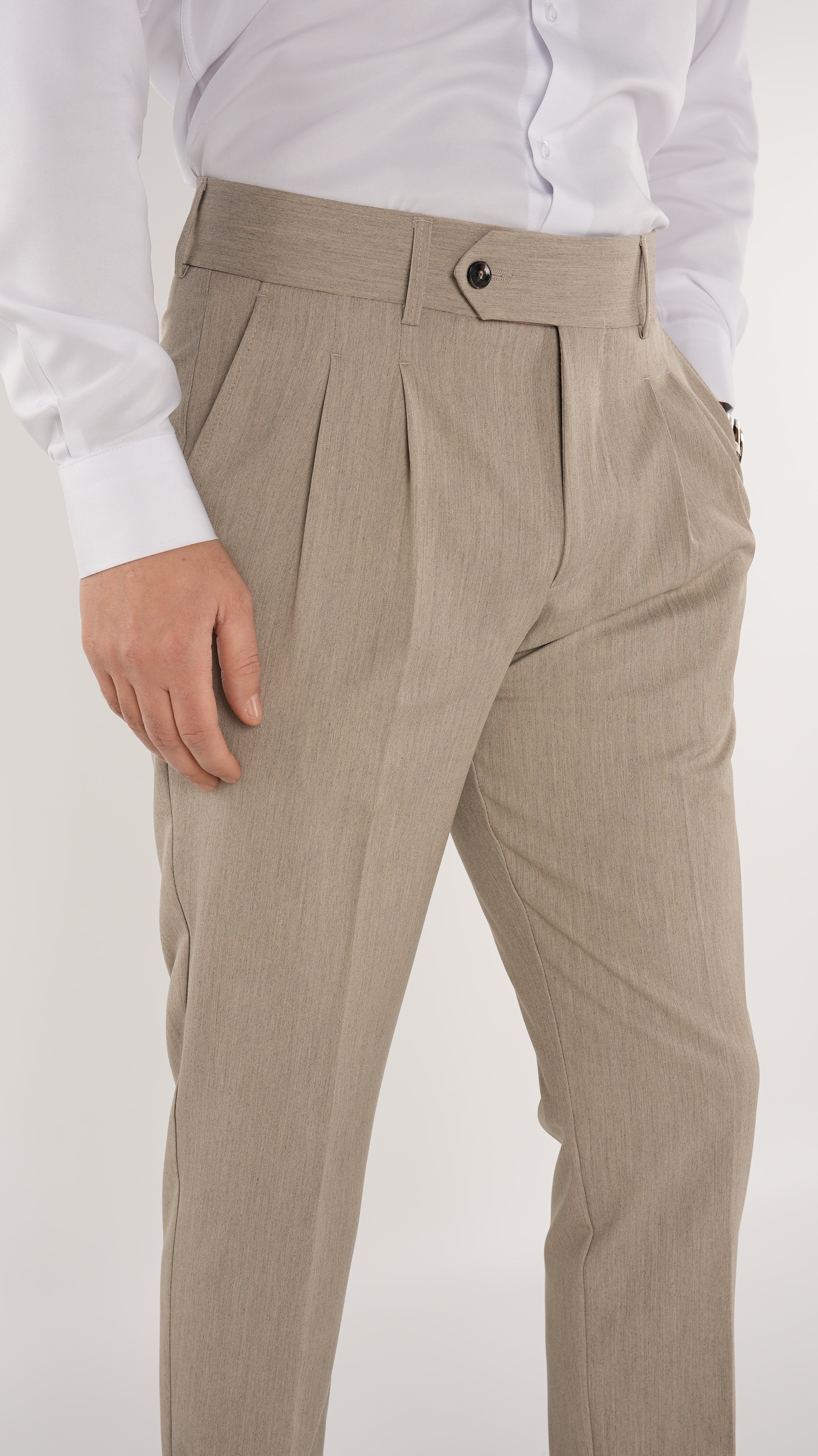 Erkek Slim Fit İtalyan Stil Piliseli Likralı Kanvas Pantolon-Krem