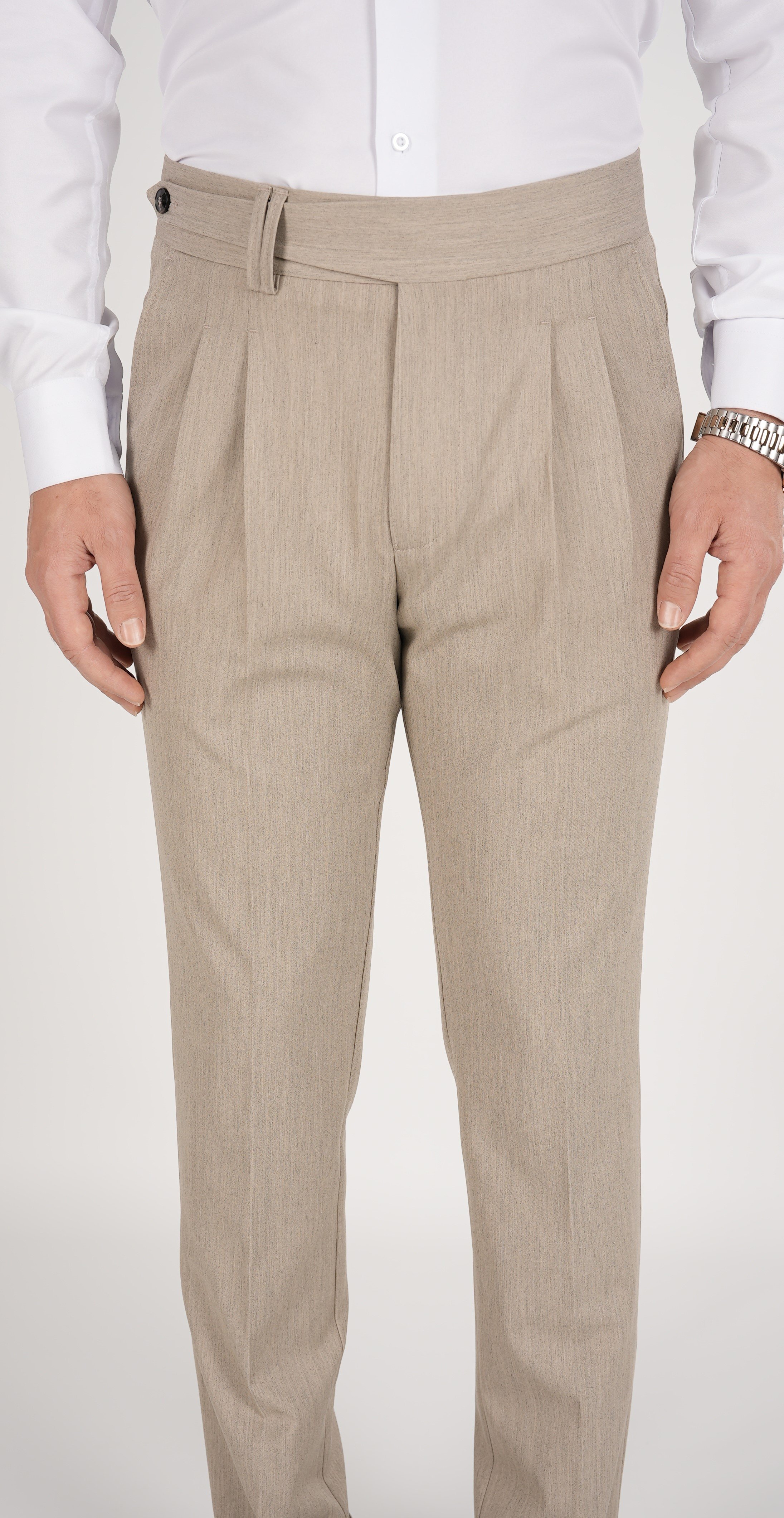 Erkek Slim Fit İtalyan Stil Piliseli Likralı Kanvas Pantolon-Krem
