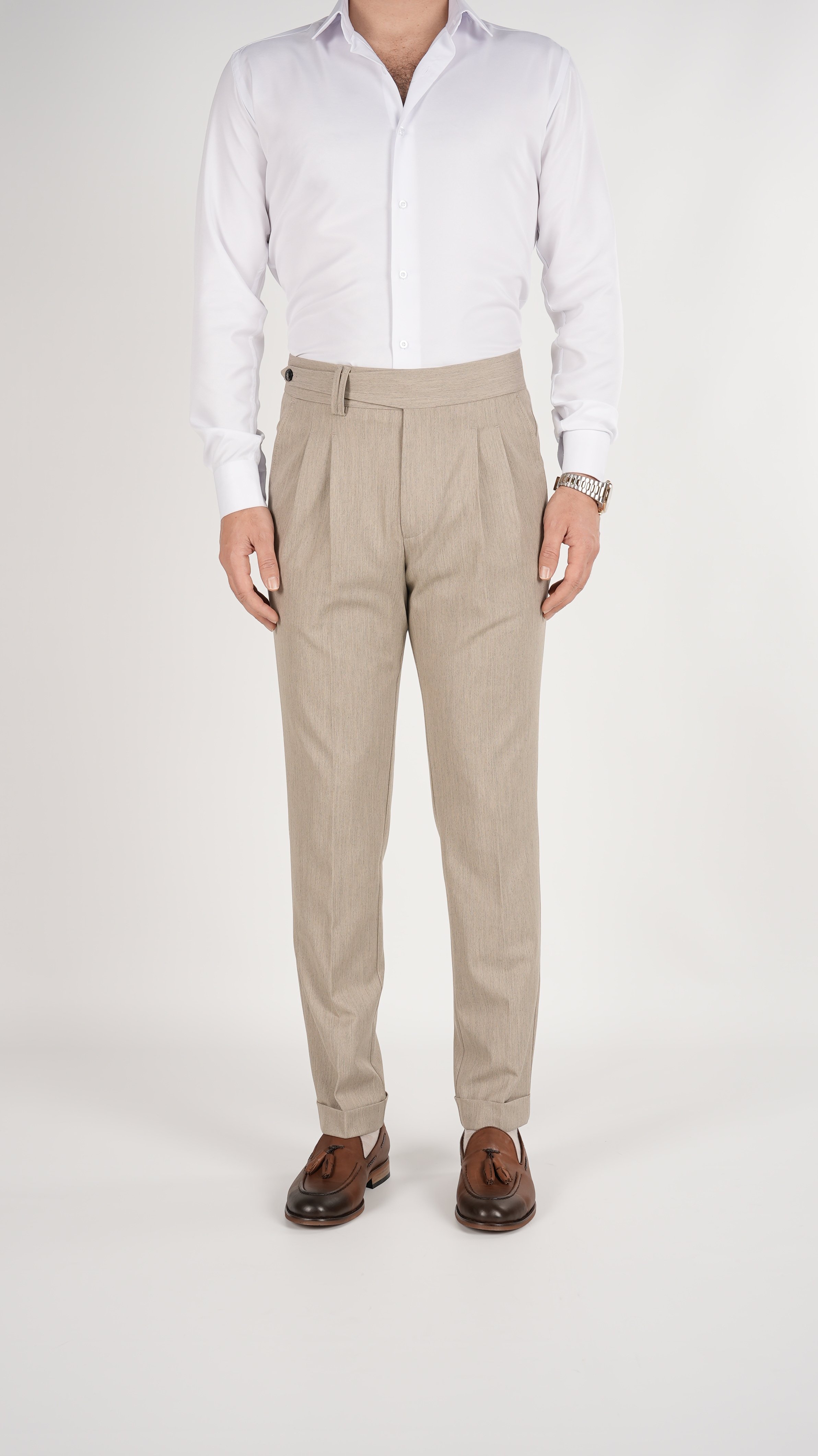 Erkek Slim Fit İtalyan Stil Piliseli Likralı Kanvas Pantolon-Krem