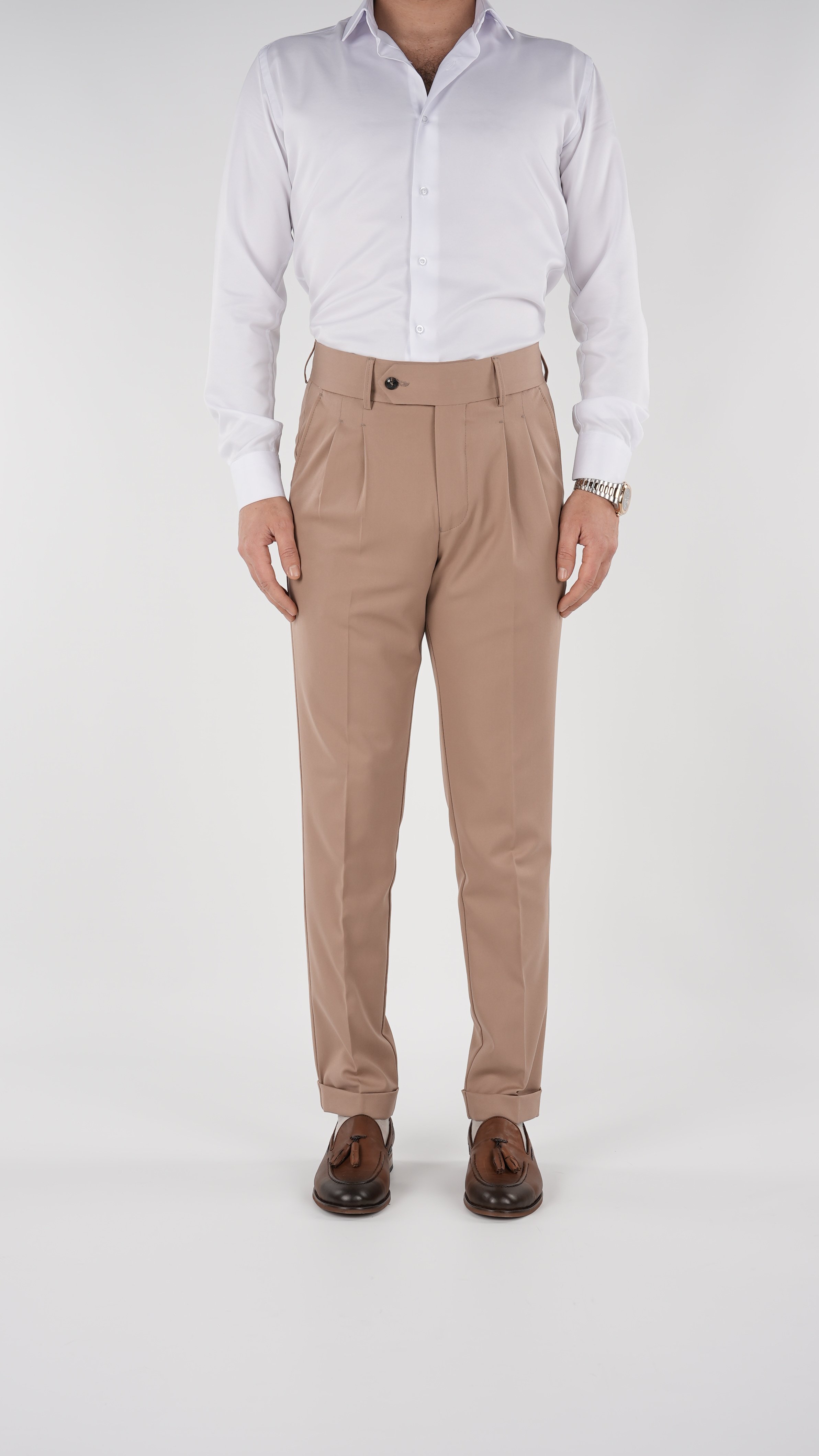Erkek Slim Fit İtalyan Stil Piliseli Likralı Kanvas Pantolon-Taba