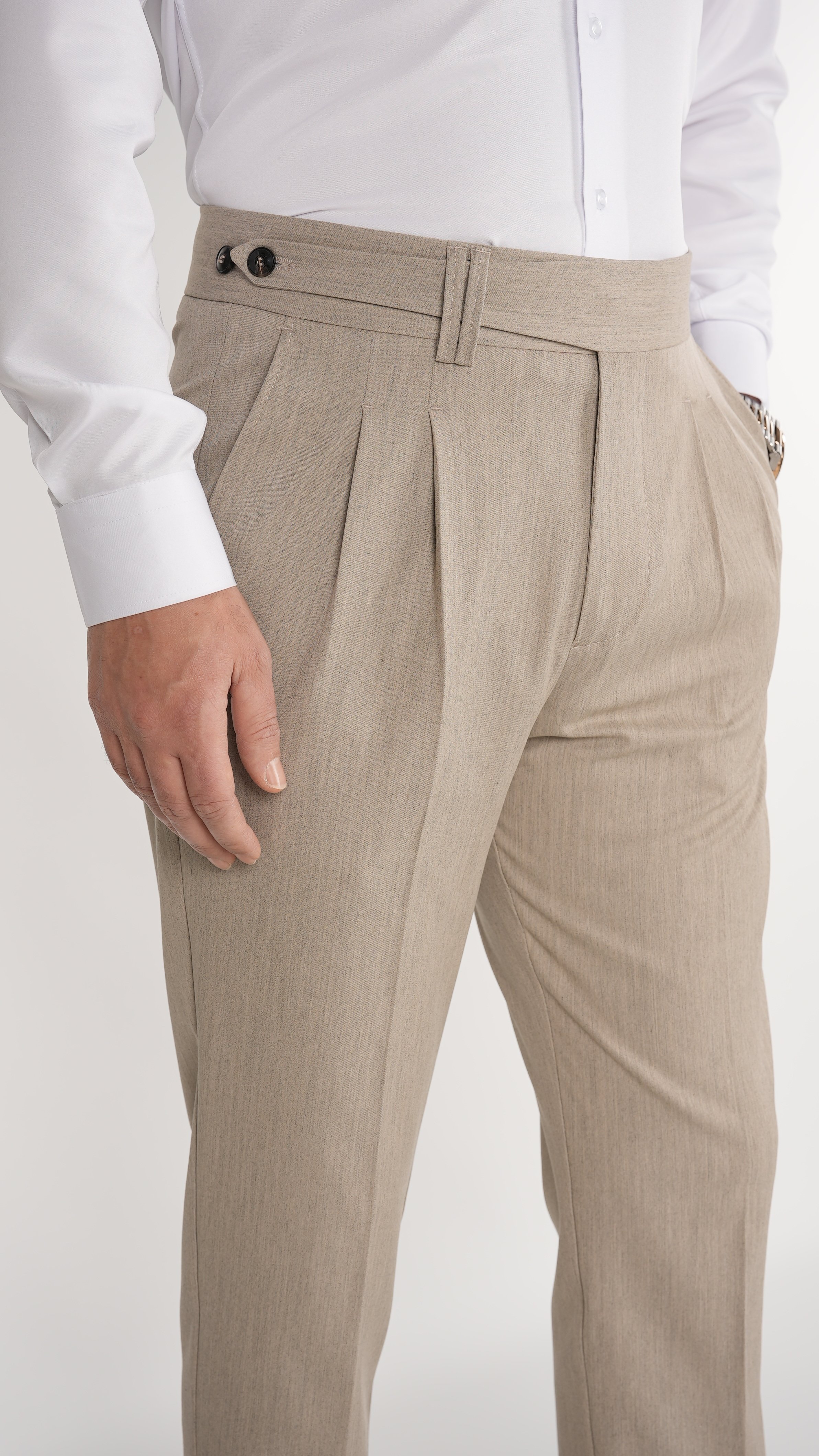 Erkek Slim Fit İtalyan Stil Piliseli Likralı Kanvas Pantolon-Krem