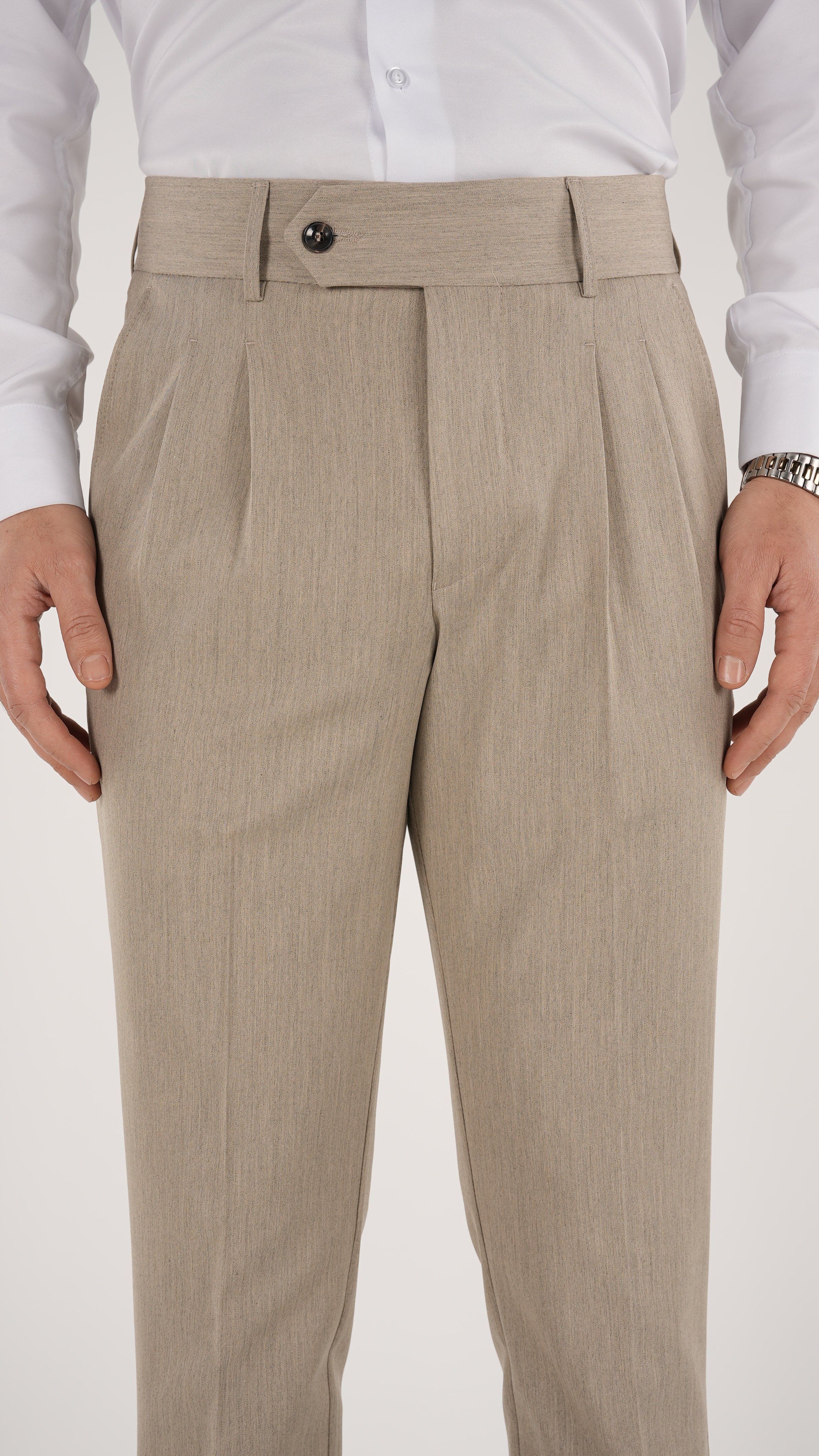 Erkek Slim Fit İtalyan Stil Piliseli Likralı Kanvas Pantolon-Krem