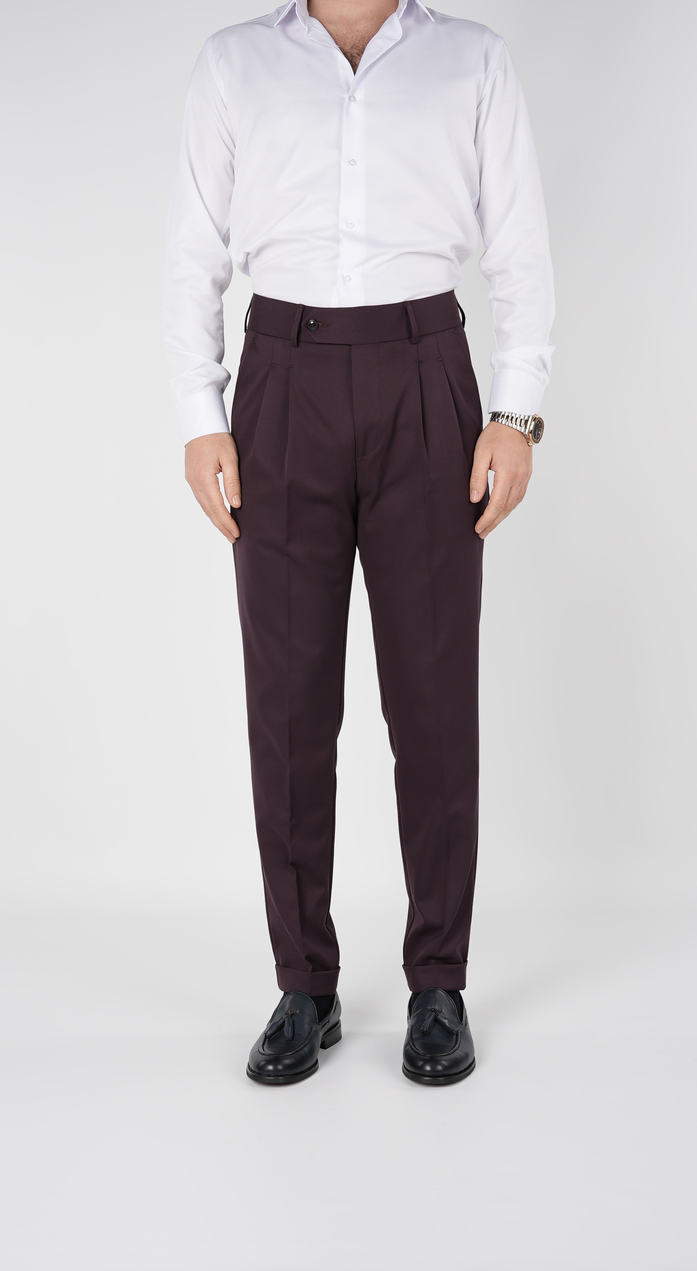 Erkek Slim Fit İtalyan Stil Piliseli Likralı Kanvas Pantolon-Bordo
