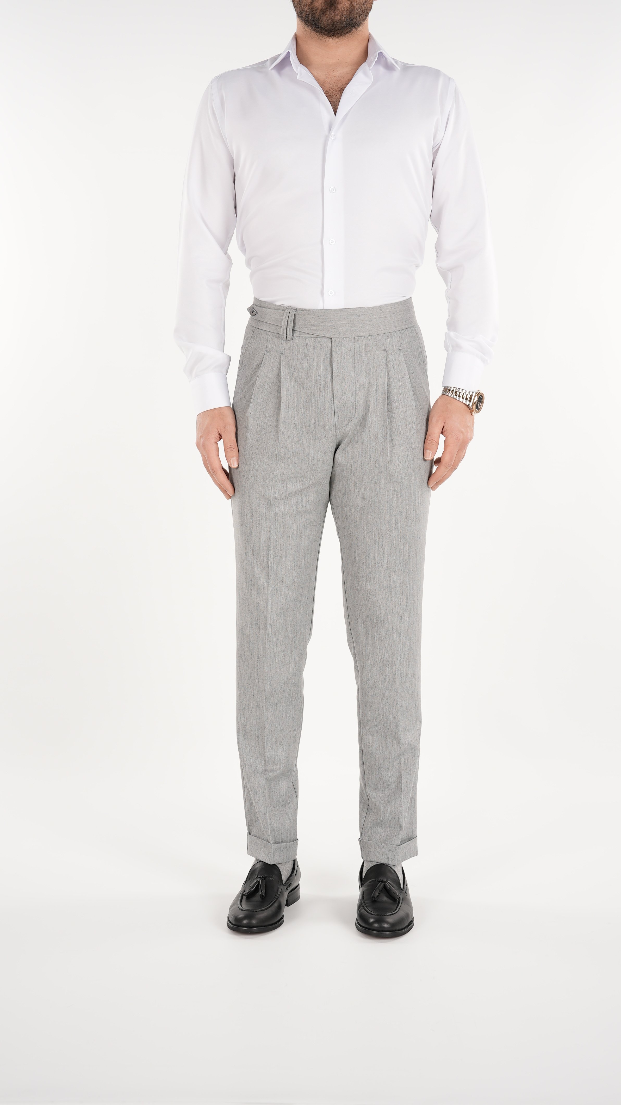 Erkek Slim Fit İtalyan Stil Piliseli Likralı Kanvas Pantolon-Gri