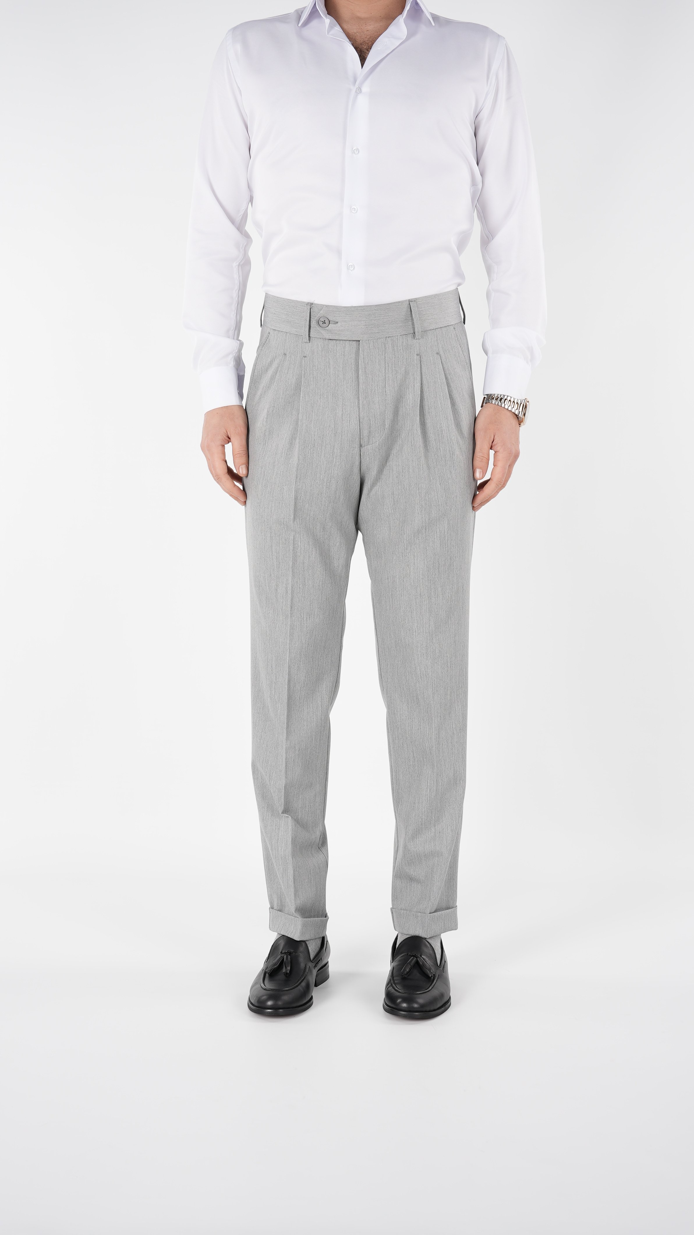 Erkek Slim Fit İtalyan Stil Piliseli Likralı Kanvas Pantolon-Gri