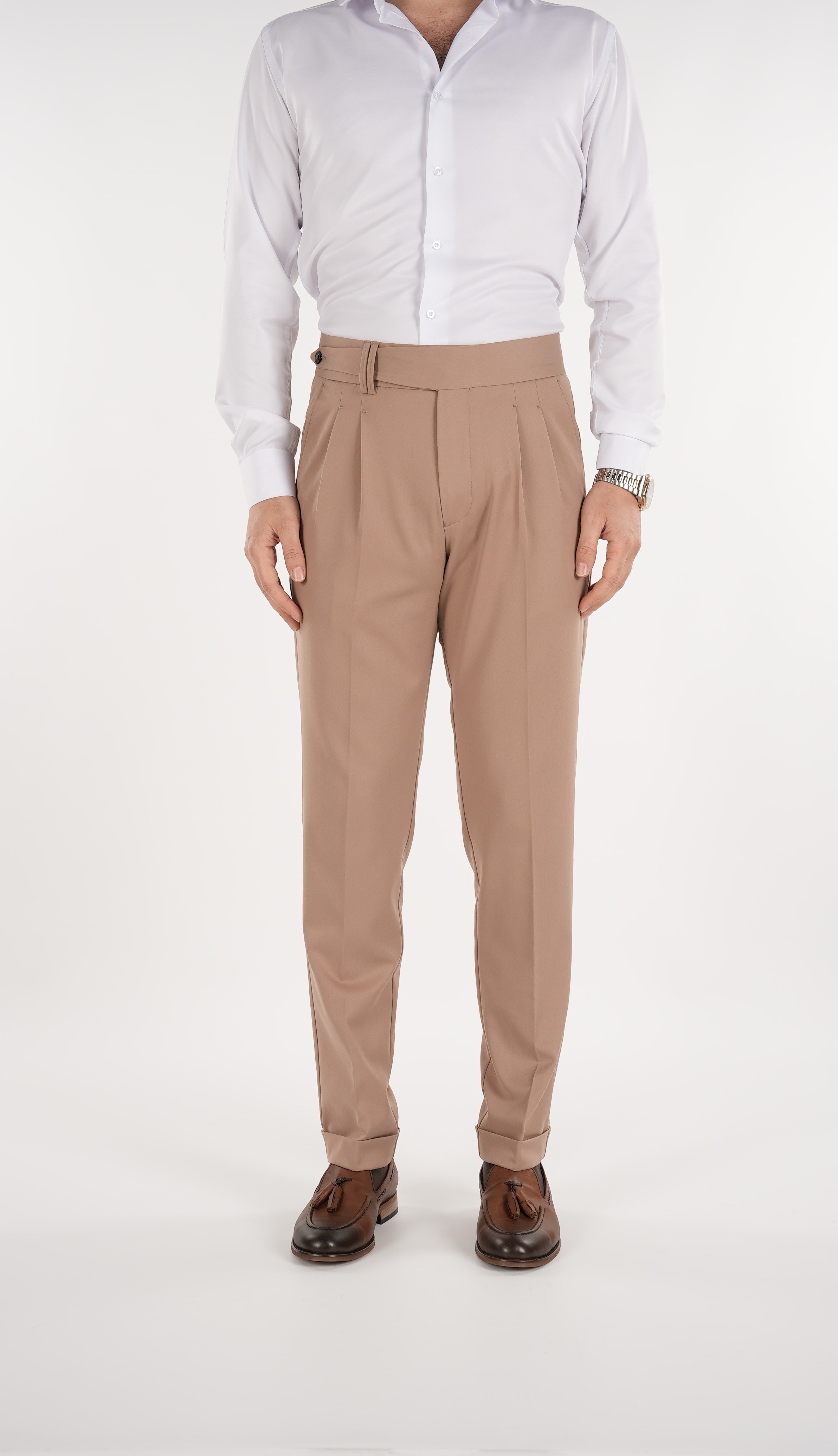 Erkek Slim Fit İtalyan Stil Piliseli Likralı Kanvas Pantolon-Taba