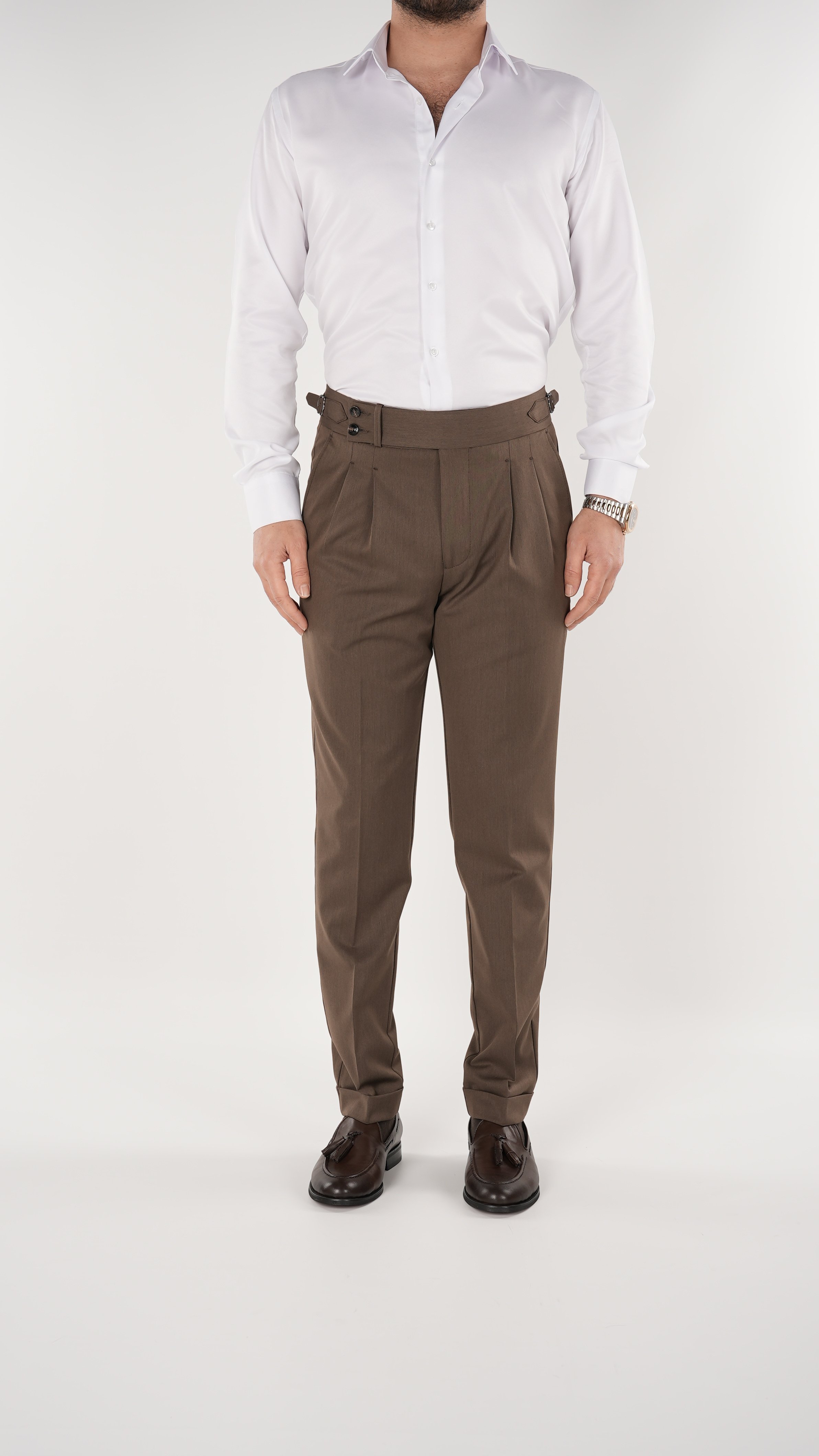 Erkek Slim Fit İtalyan Stil Piliseli TokaLı Likralı Pantolon-Sütlü Kahve