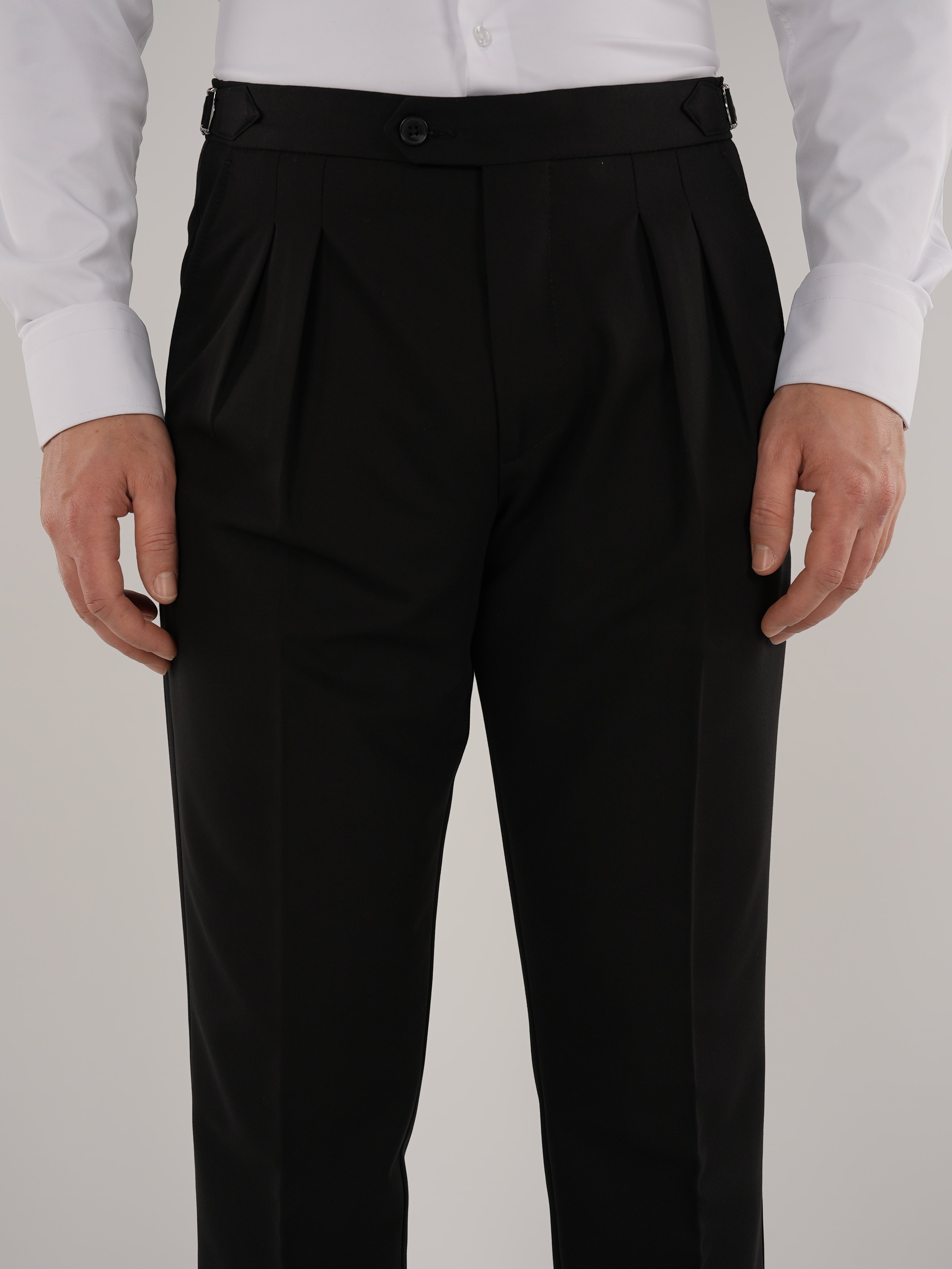 Erkek Slim Fit İtalyan Stil Piliseli TokaLı Likralı Pantolon-Siyah