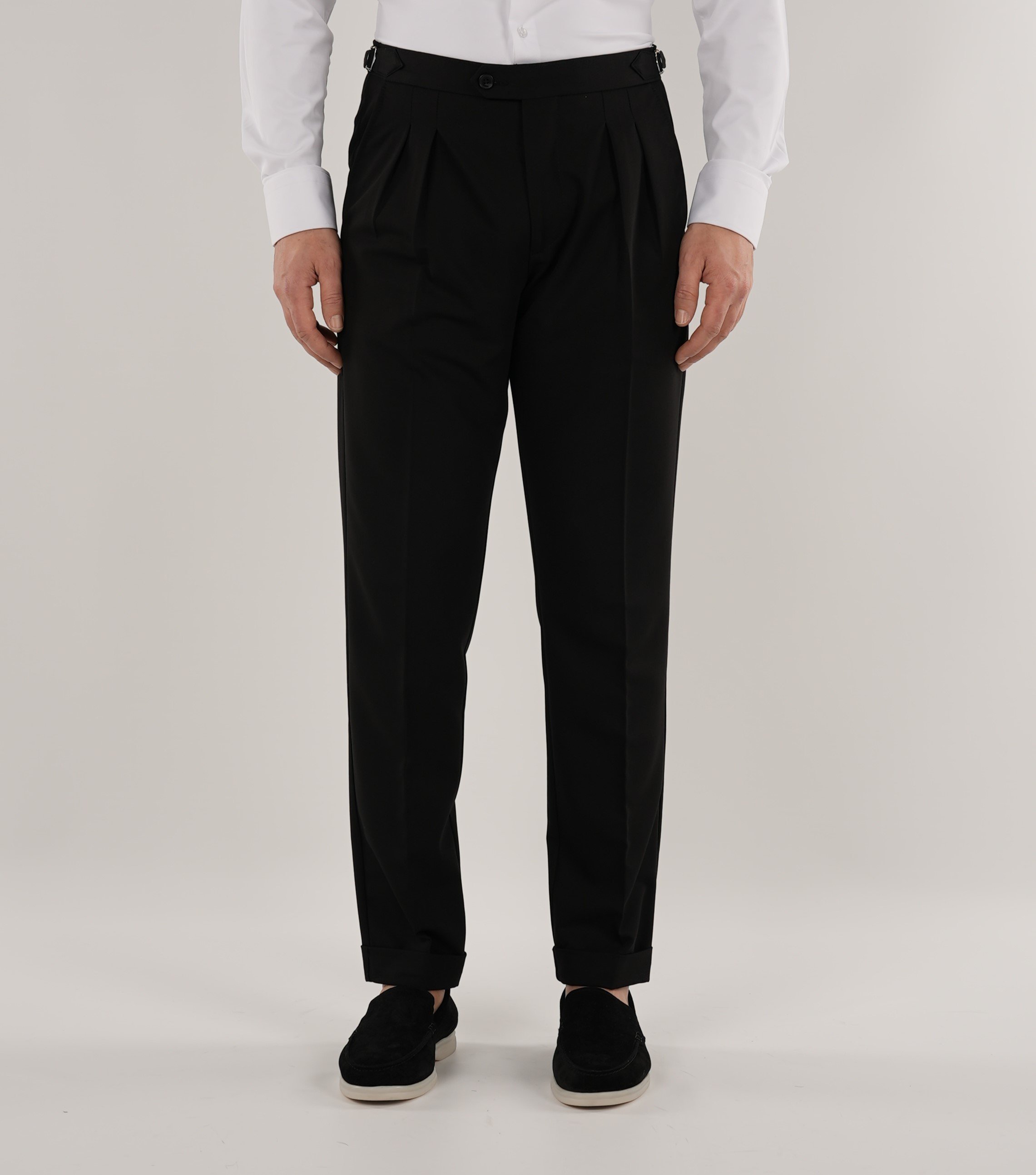 Erkek Slim Fit İtalyan Stil Piliseli TokaLı Likralı Pantolon-Siyah