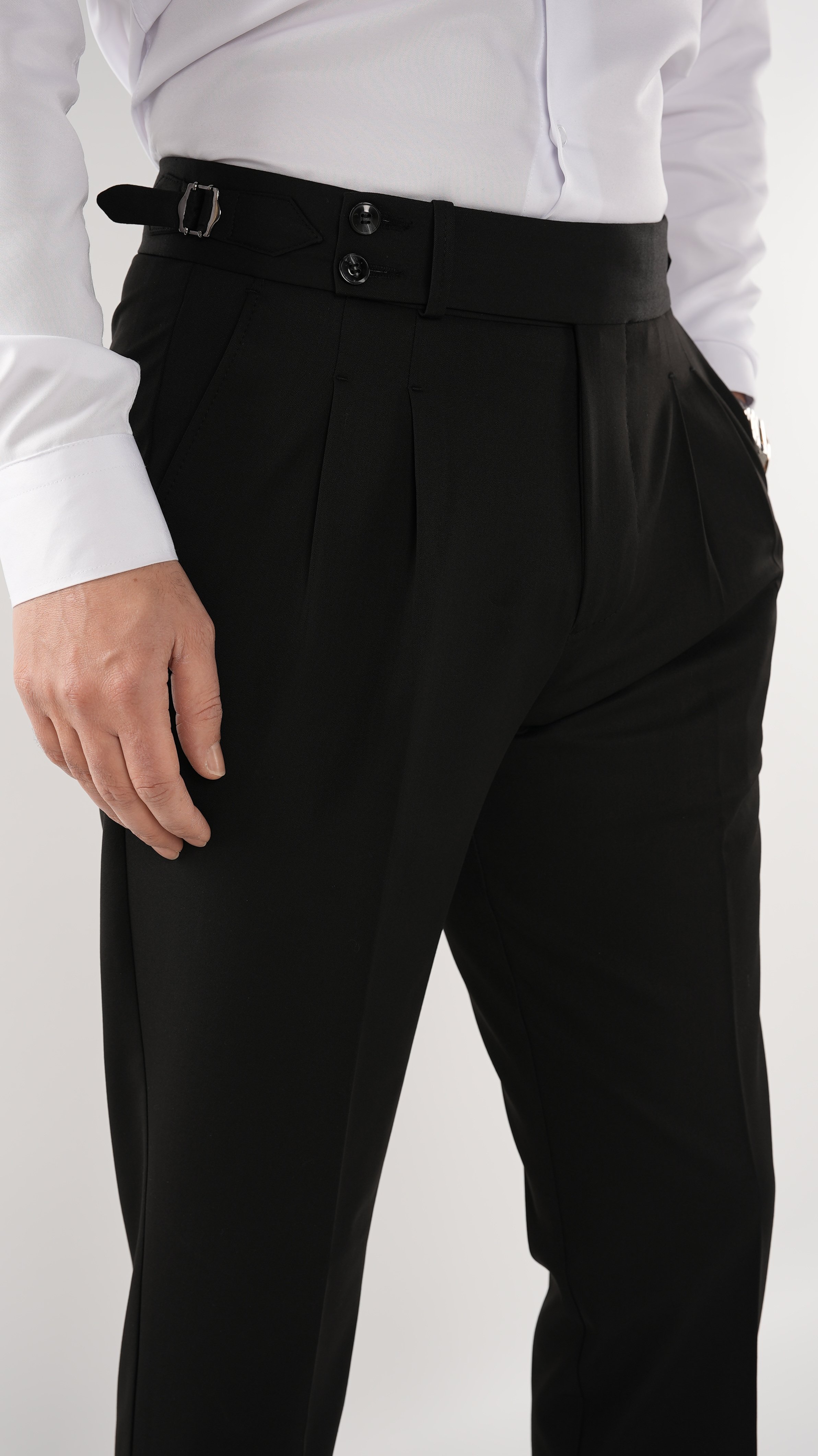 Erkek Slim Fit İtalyan Stil Piliseli TokaLı Likralı Pantolon-Siyah
