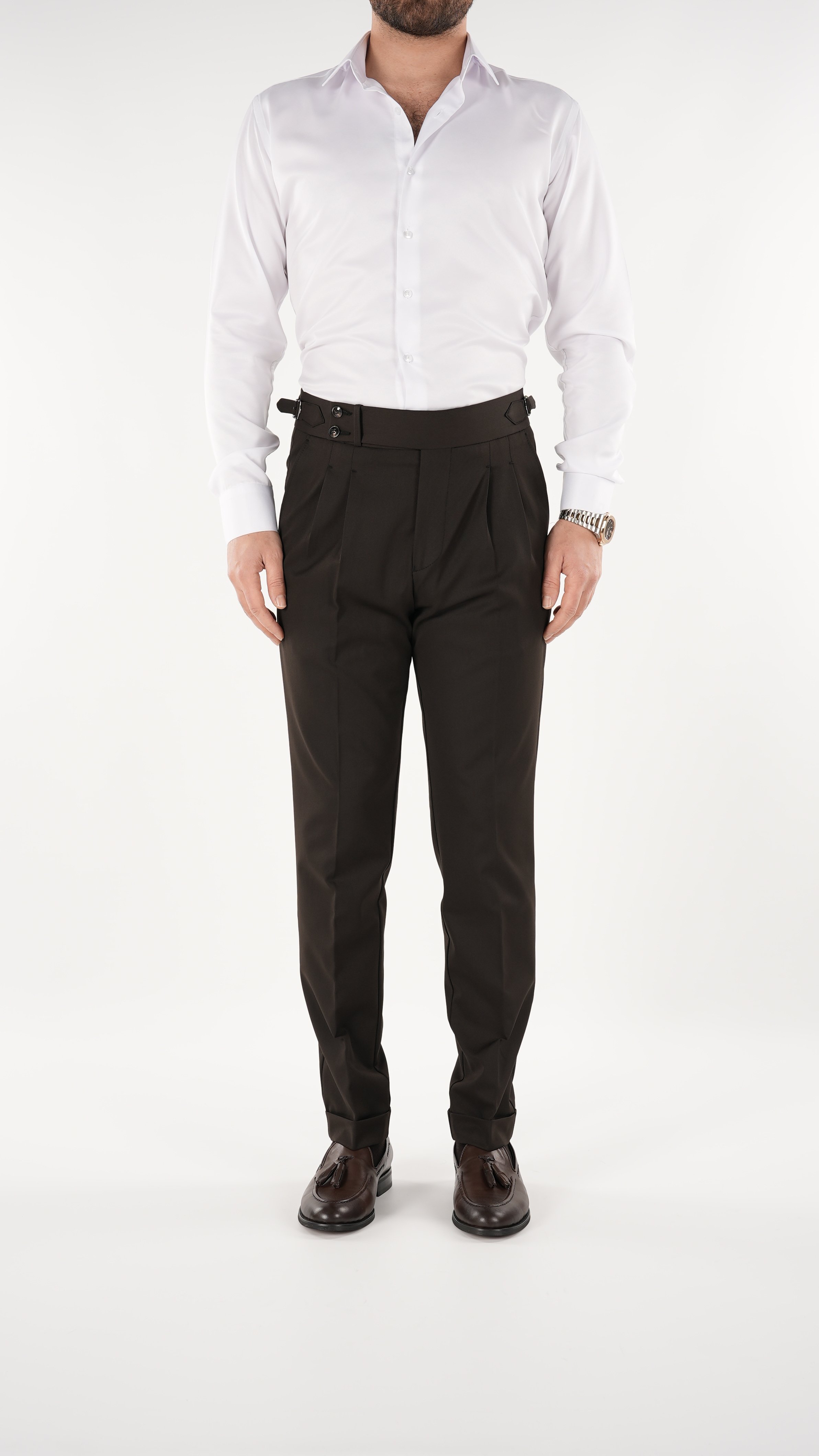 Erkek Slim Fit İtalyan Stil Piliseli TokaLı Likralı Pantolon-Acı Kahve