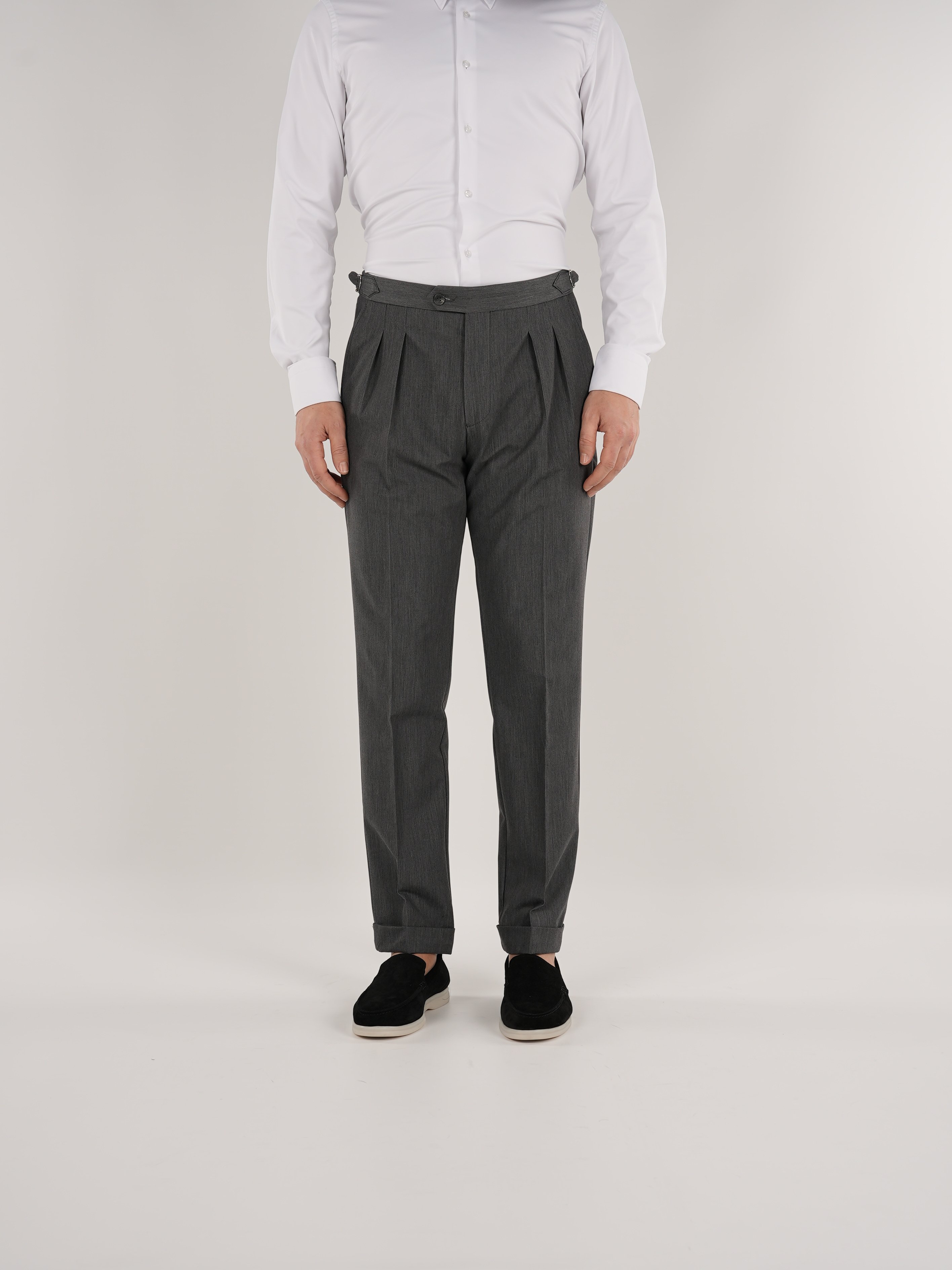 Erkek Slim Fit İtalyan Stil Piliseli TokaLı Likralı Pantolon-Gri
