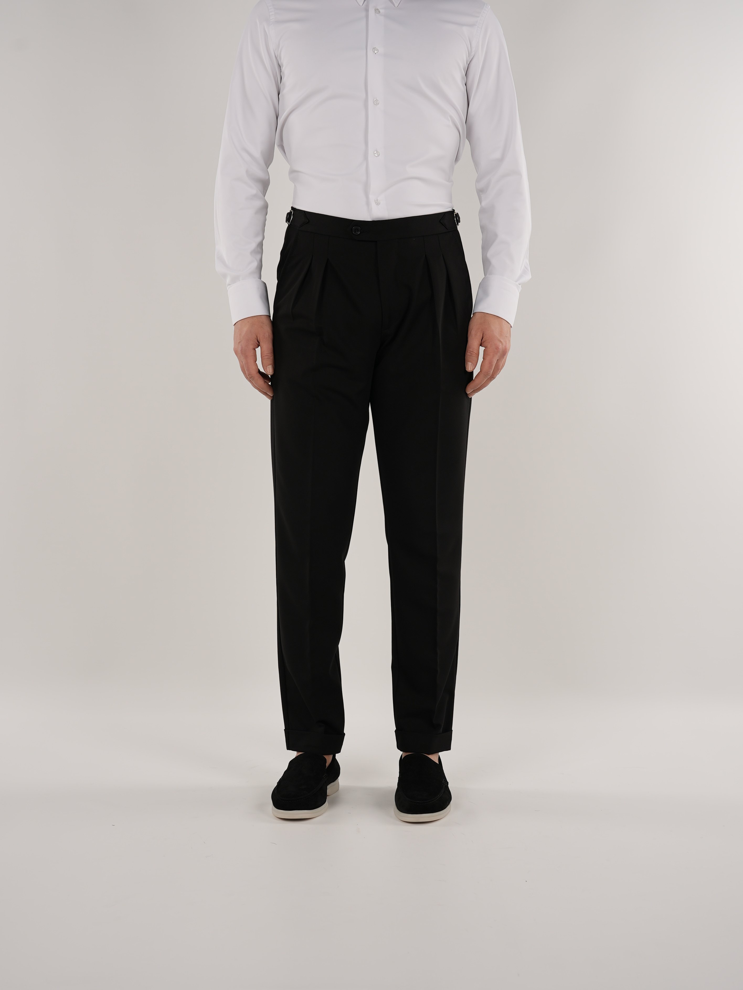 Erkek Slim Fit İtalyan Stil Piliseli TokaLı Likralı Pantolon-Siyah