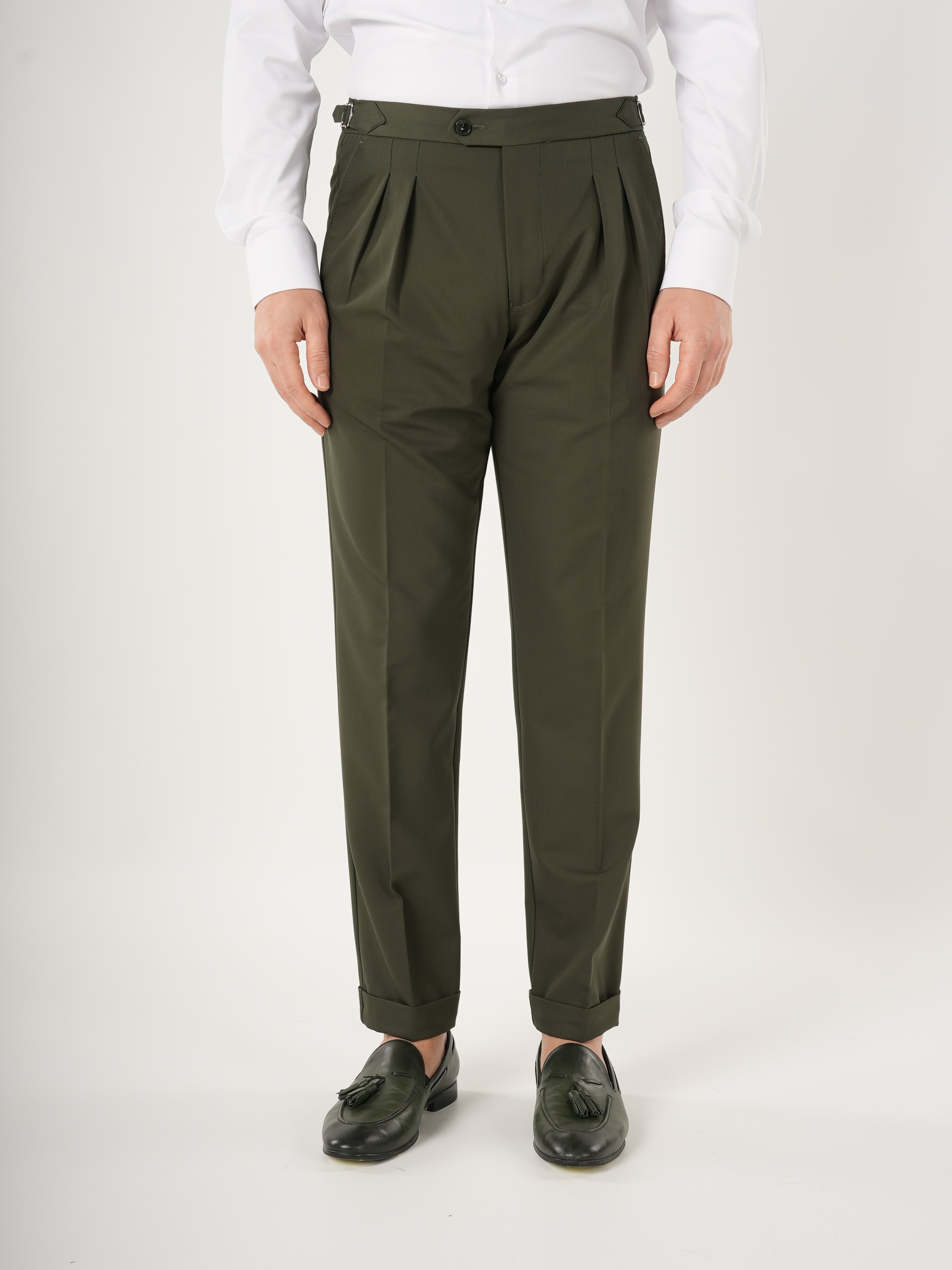 Erkek Slim Fit İtalyan Stil Piliseli TokaLı Likralı Pantolon-Haki