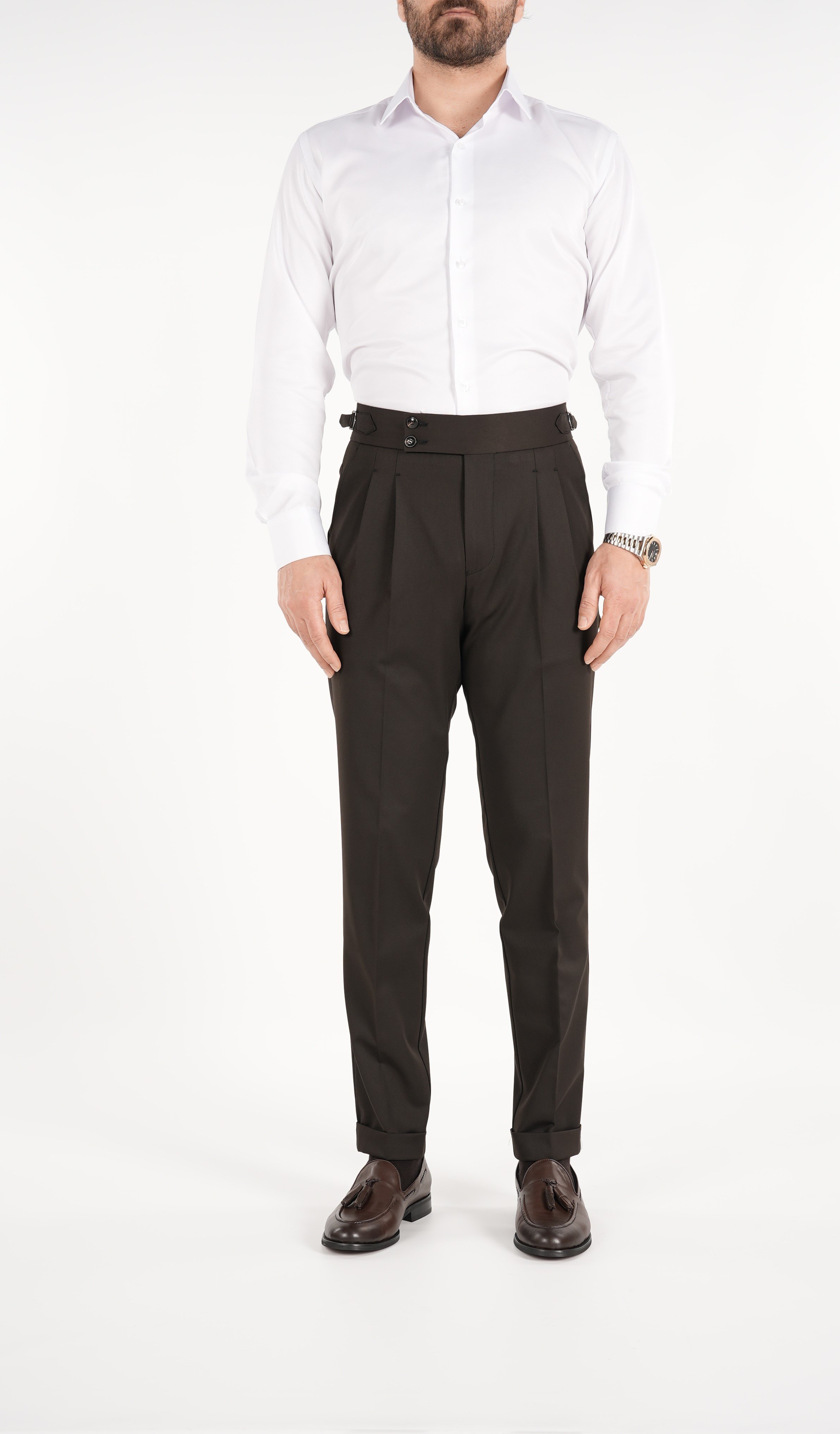 Erkek Slim Fit İtalyan Stil Piliseli TokaLı Likralı Pantolon - Acı Kahve