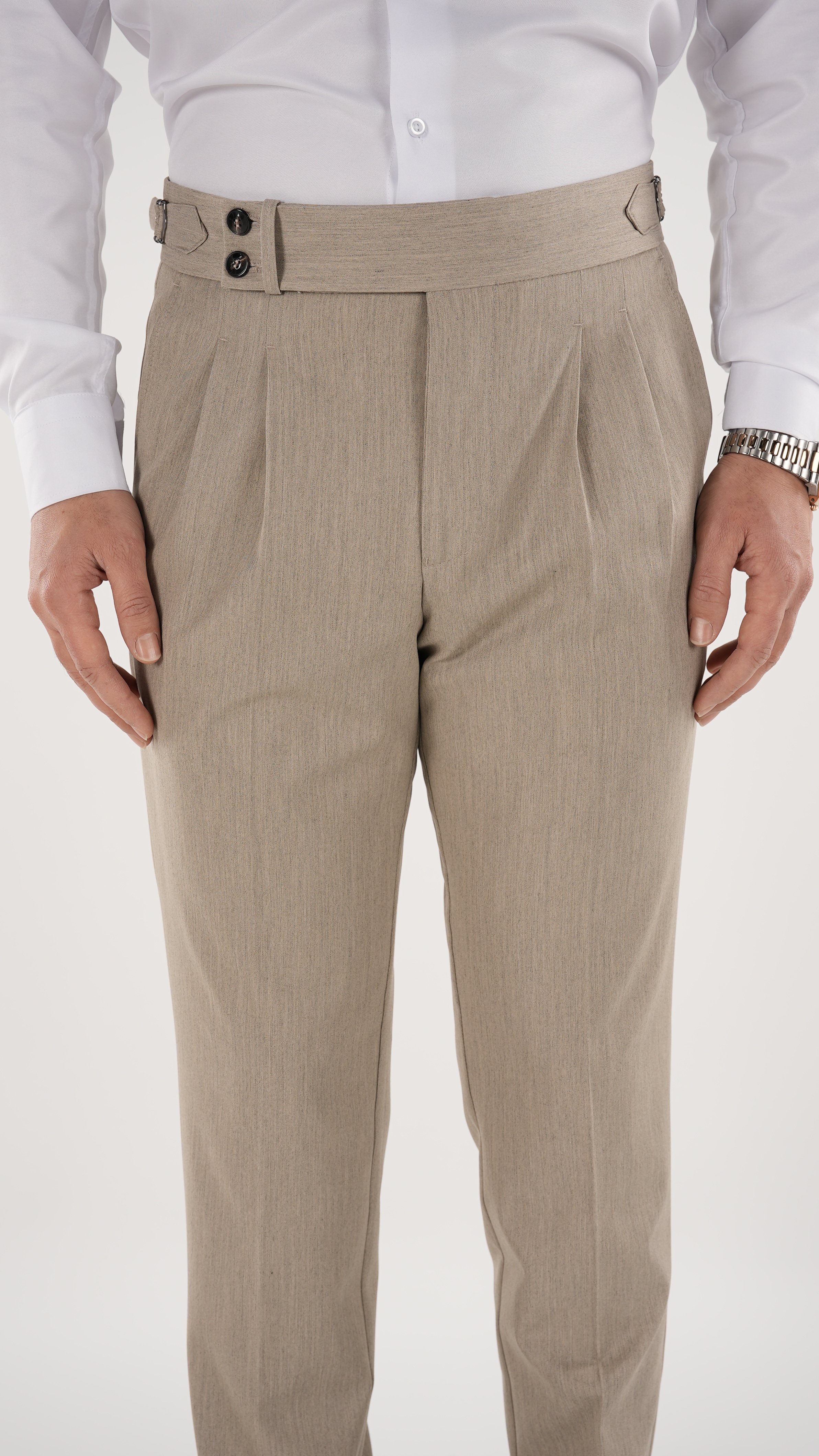 Erkek Slim Fit İtalyan Stil Piliseli TokaLı Likralı Pantolon-Krem