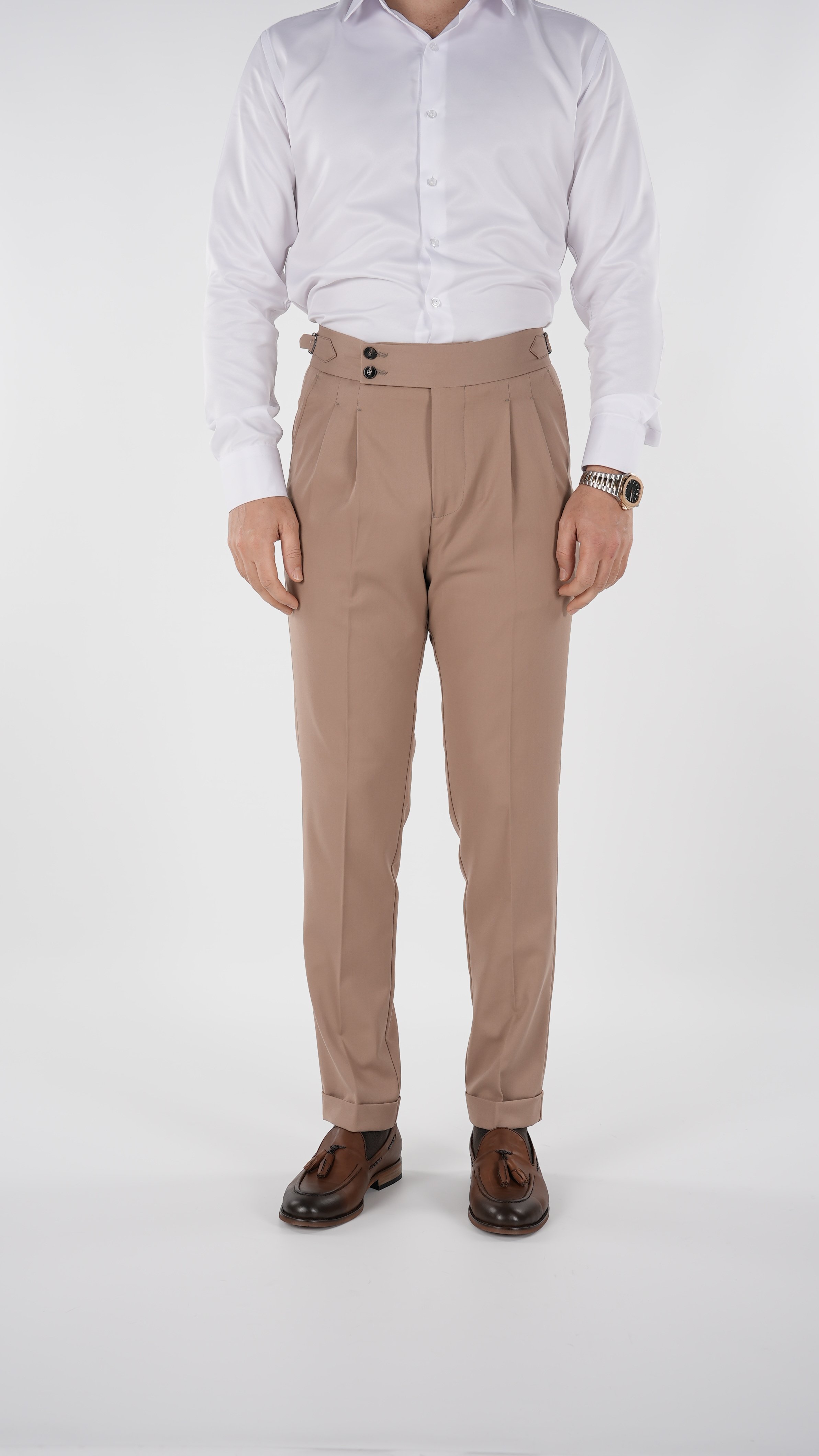 Erkek Slim Fit İtalyan Stil Piliseli TokaLı Likralı Pantolon - Taba