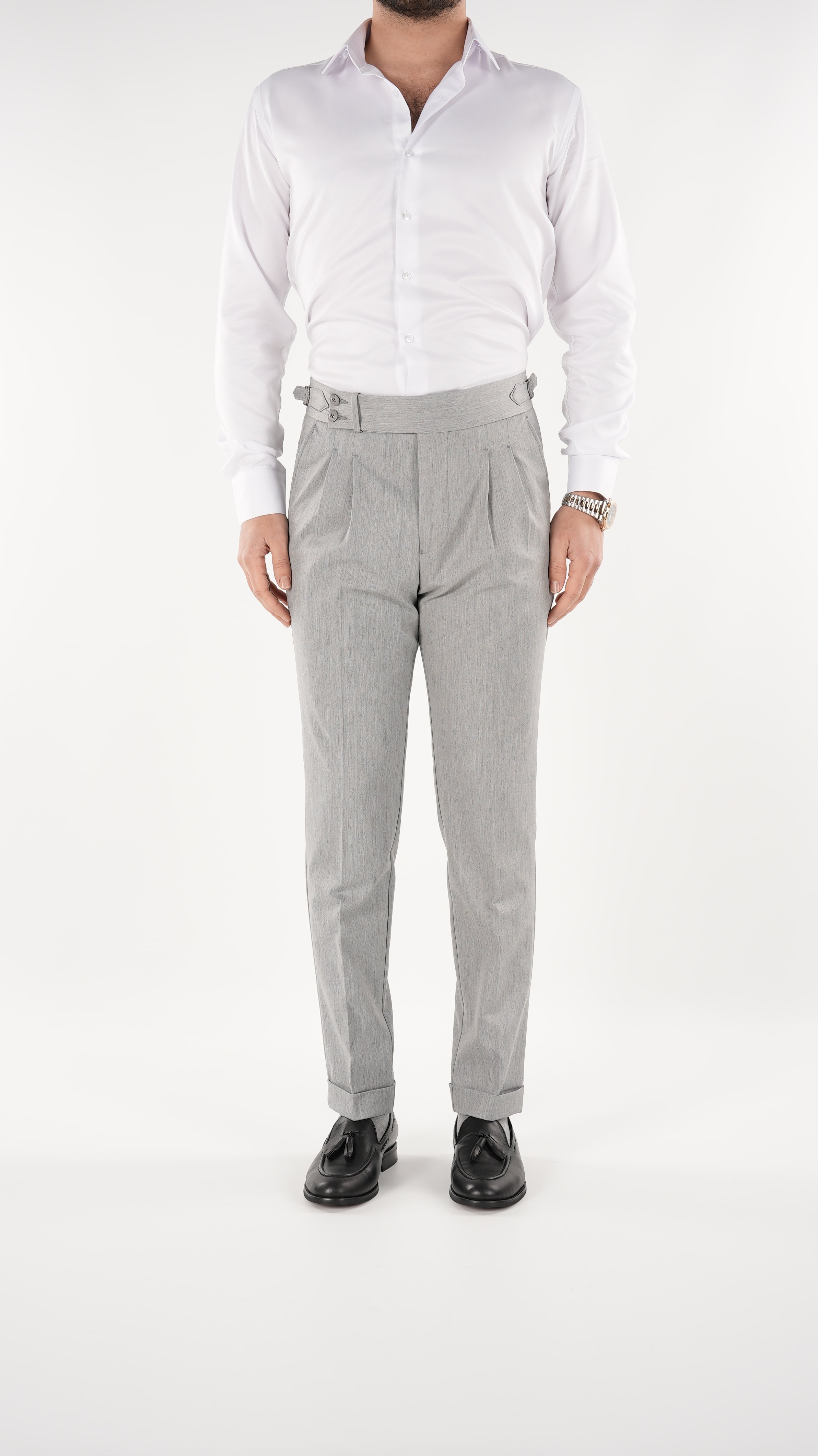 Erkek Slim Fit İtalyan Stil Piliseli TokaLı Likralı Pantolon-Gri