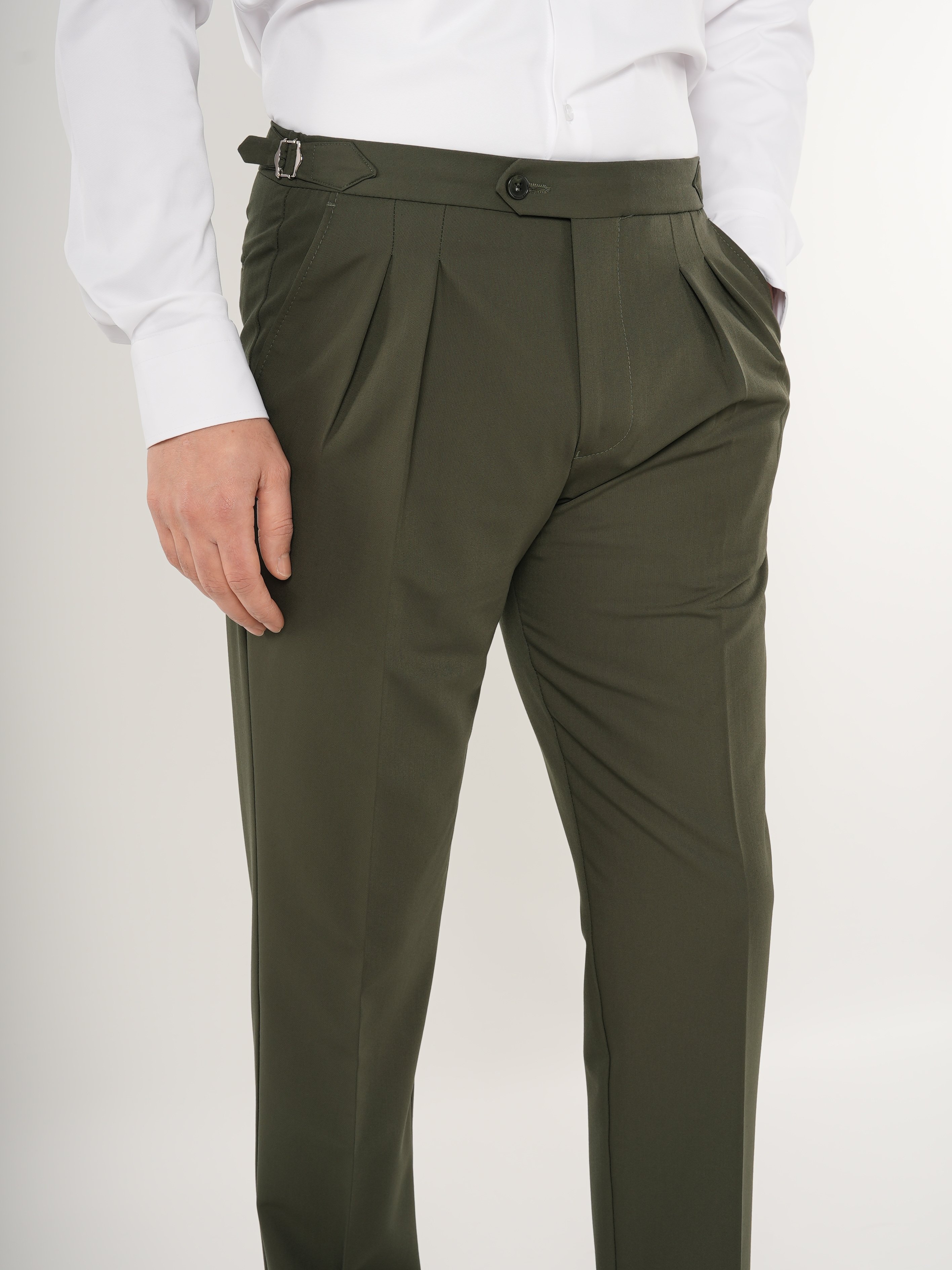Erkek Slim Fit İtalyan Stil Piliseli TokaLı Likralı Pantolon-Haki