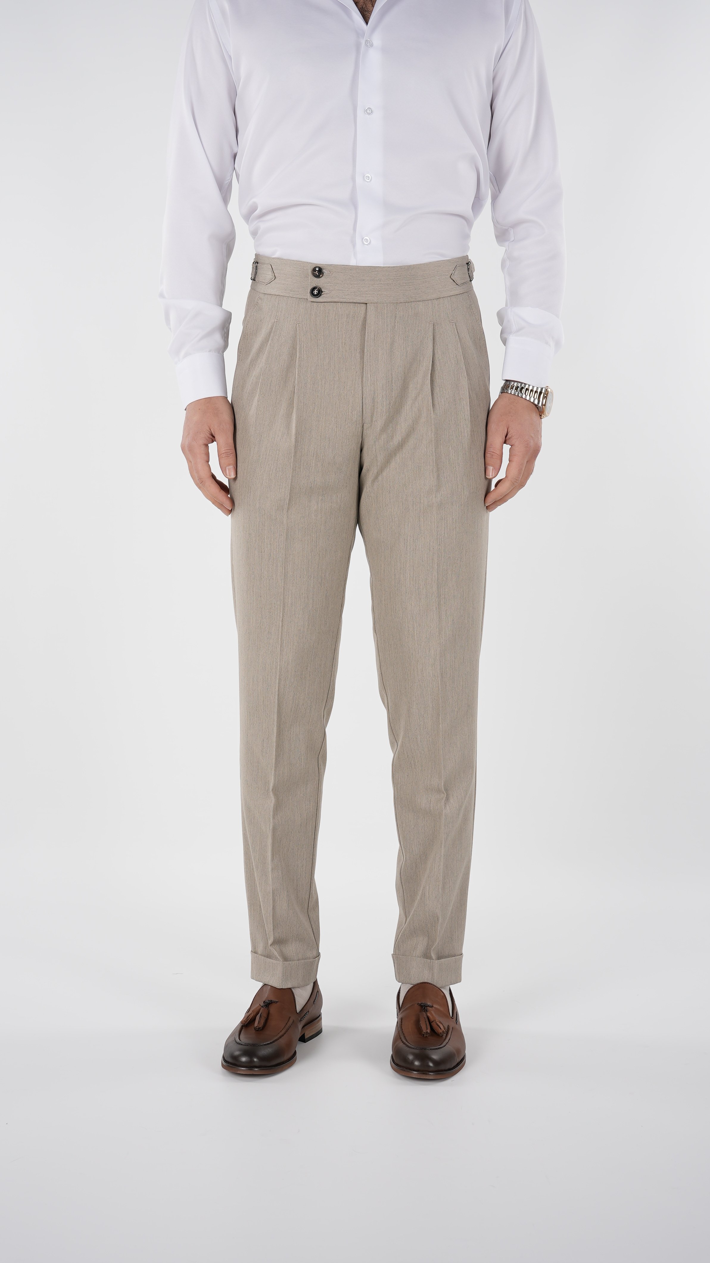 Erkek Slim Fit İtalyan Stil Piliseli TokaLı Likralı Pantolon - Krem
