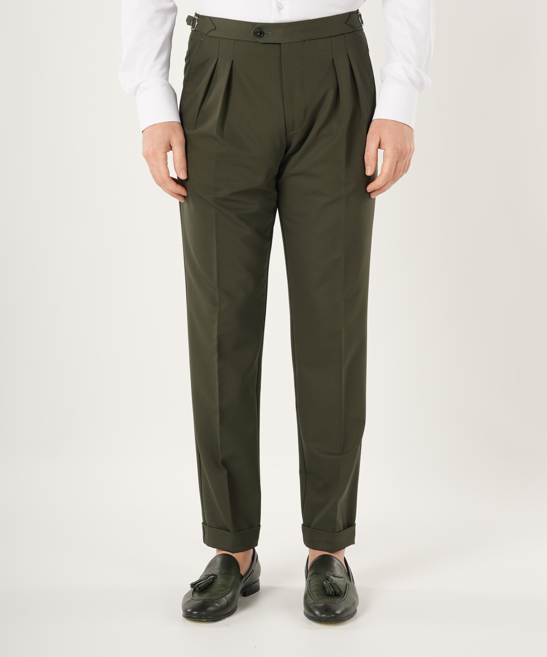 Erkek Slim Fit İtalyan Stil Piliseli TokaLı Likralı Pantolon-Haki